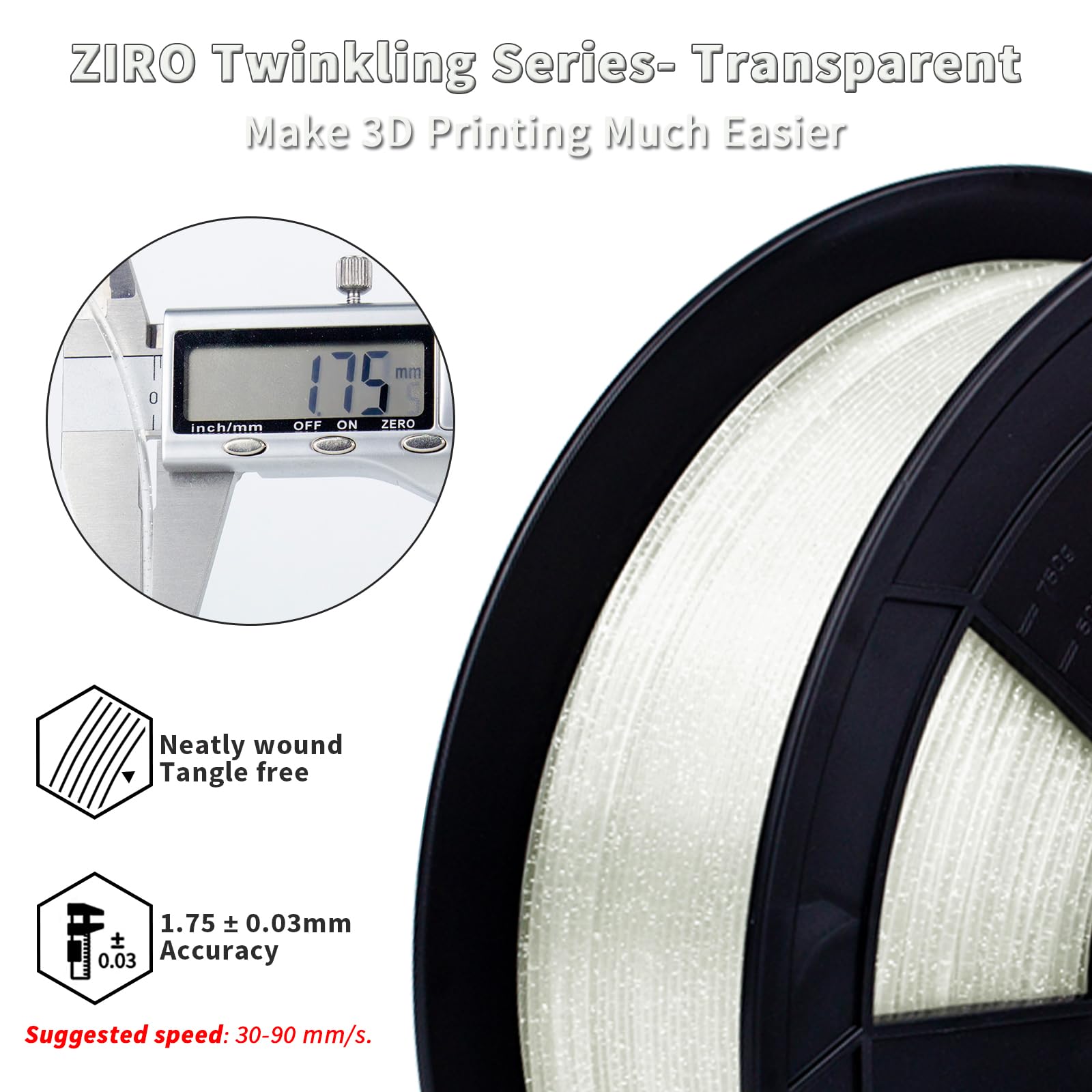 Ziro Glitter Pla Filament 1.75Mm, 3D Printer Filament Shiny Sparkle Pla With Glitter, Twinkle Series 1.75 1Kg/2.2Lbs Translucent