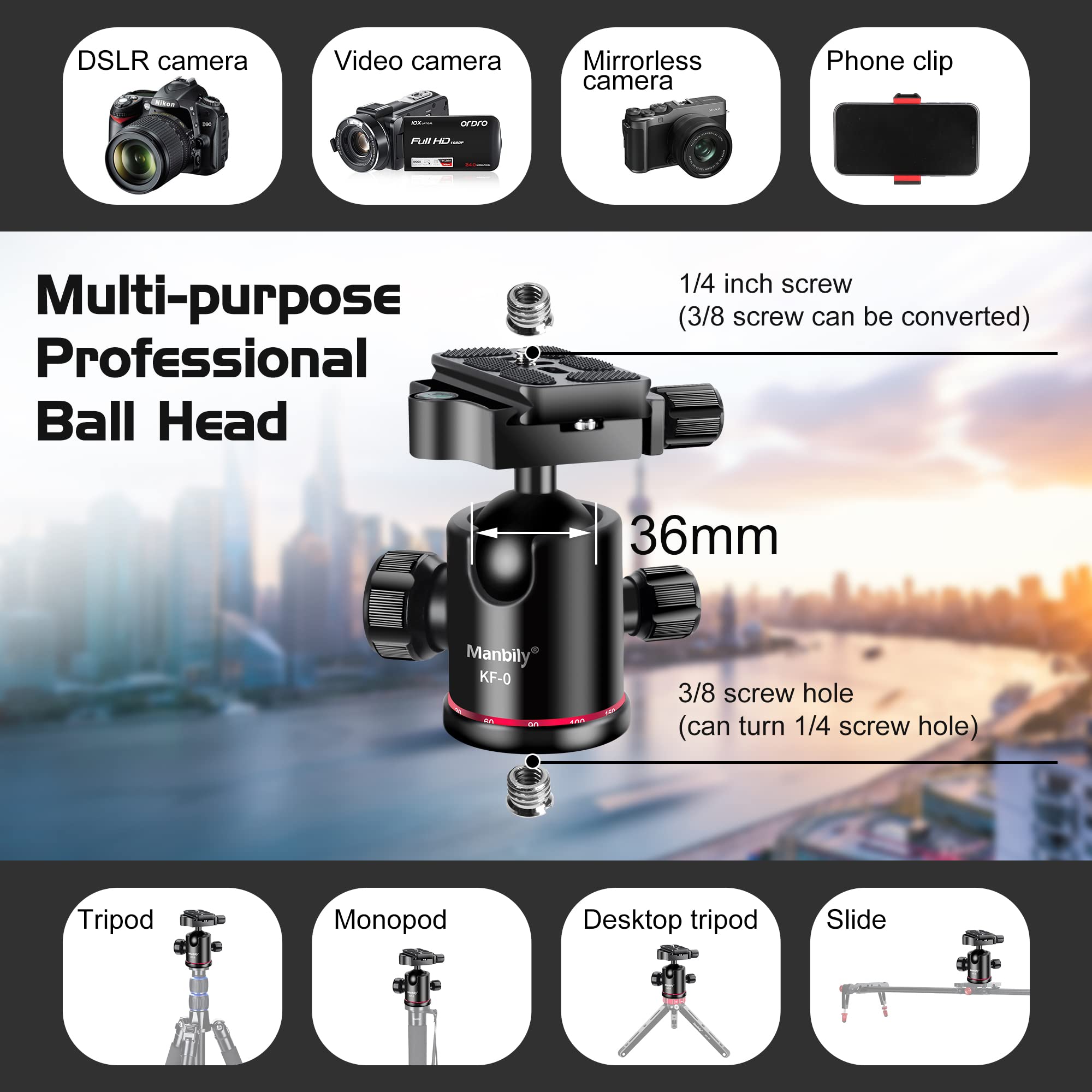 Ball Head Manbily Tripod Head Metal Aluminum Body 360� Panoramic Monopod Head With Extra Arca Swiss Quick Release Plate, Load Up To 17.6Lbs/8Kg,Camera Head For Dslr, Camcorder, Slider (Red)