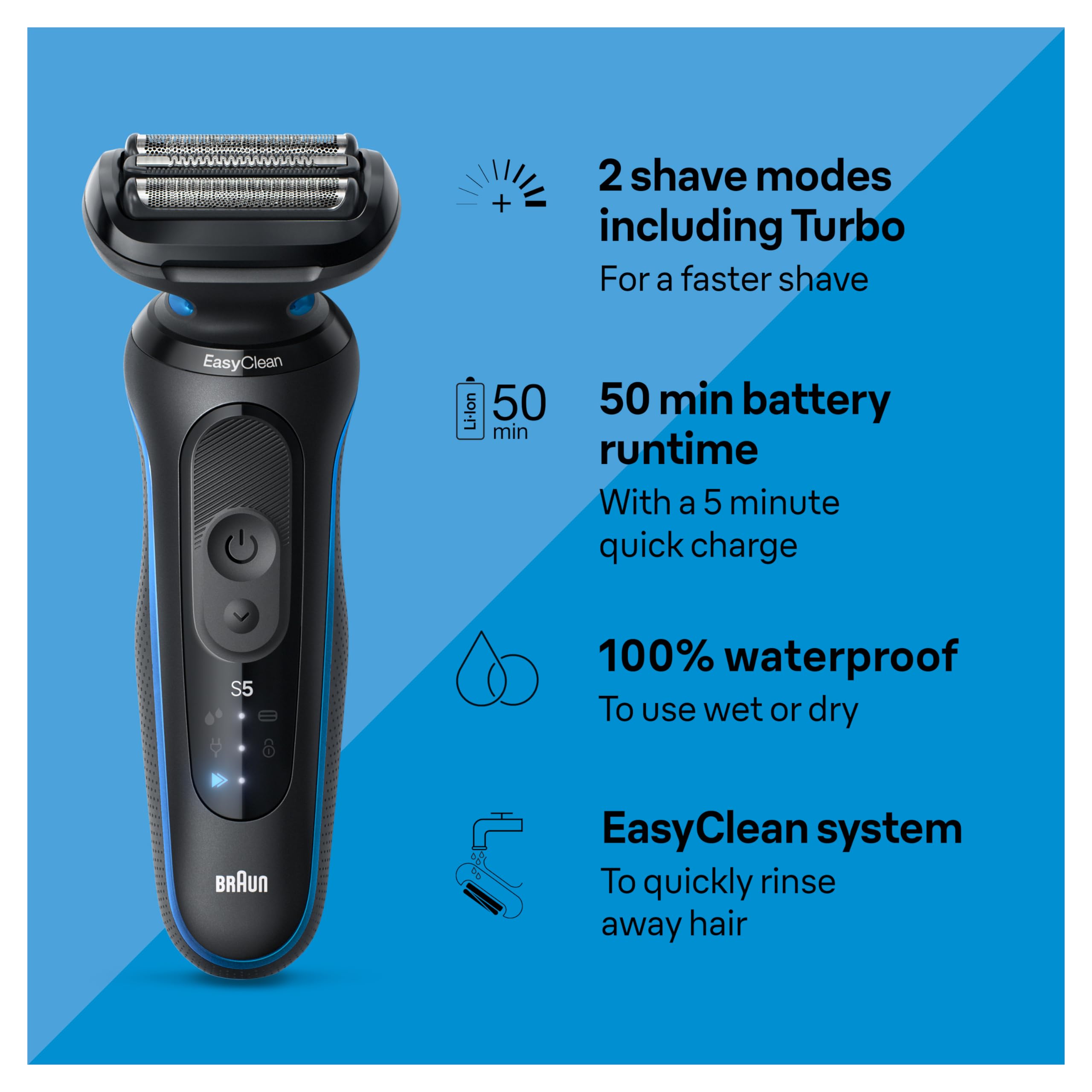 Braun Electric Shaver For Men, Series 5 5120S, Wet & Dry Shave, Turbo Shaving Mode, Foil Shaver, Engineered In Germany, With Bea