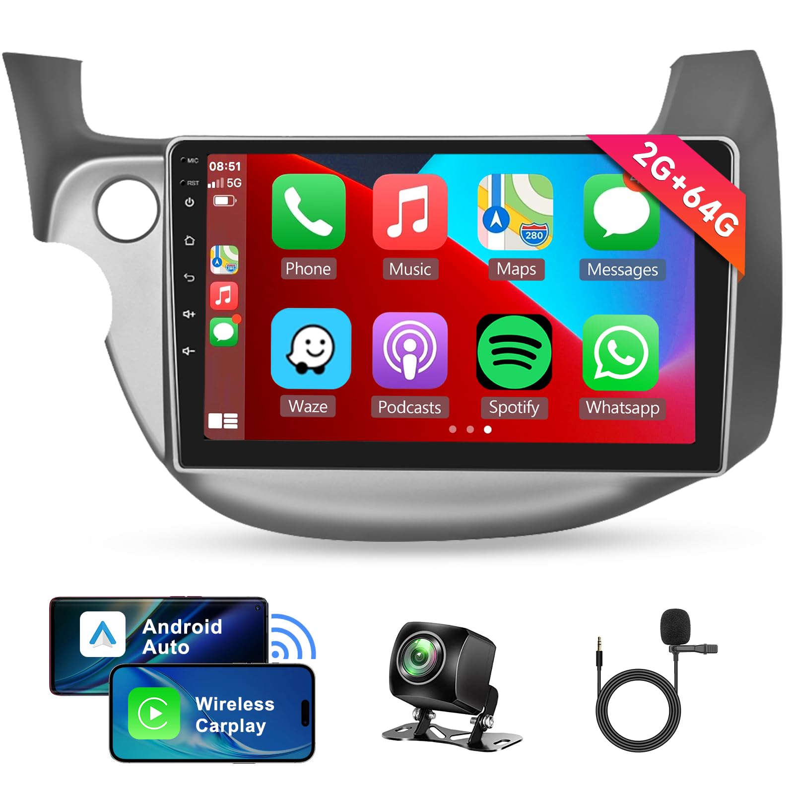 2G+64G Android Car Stereo For Honda Fit 2008 2013 With Wireless Apple Carplay Android Auto, 10.1' Touchscreen Car Radio In Dash With Gps Navi Bluetooth Usb Wifi Hifi Audio Fm/Rds Swc Backup Camera