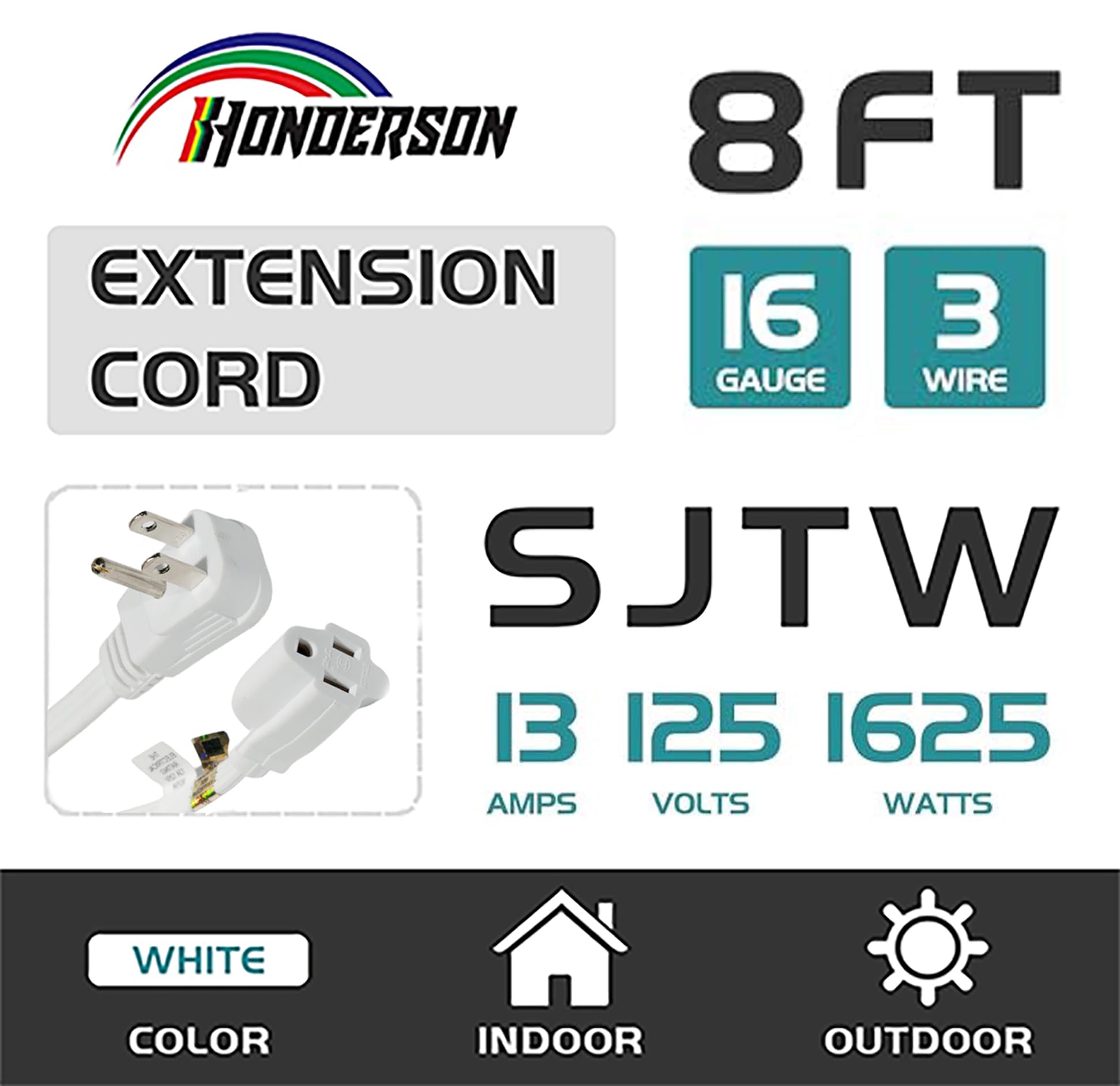 Honderson Flat Plug Extension Cord, Ul Listed, Indoor Extension Cord 16 Gauge 8Ft White, 16/3 Spt 3 13A 3 Prong Grounded Power C