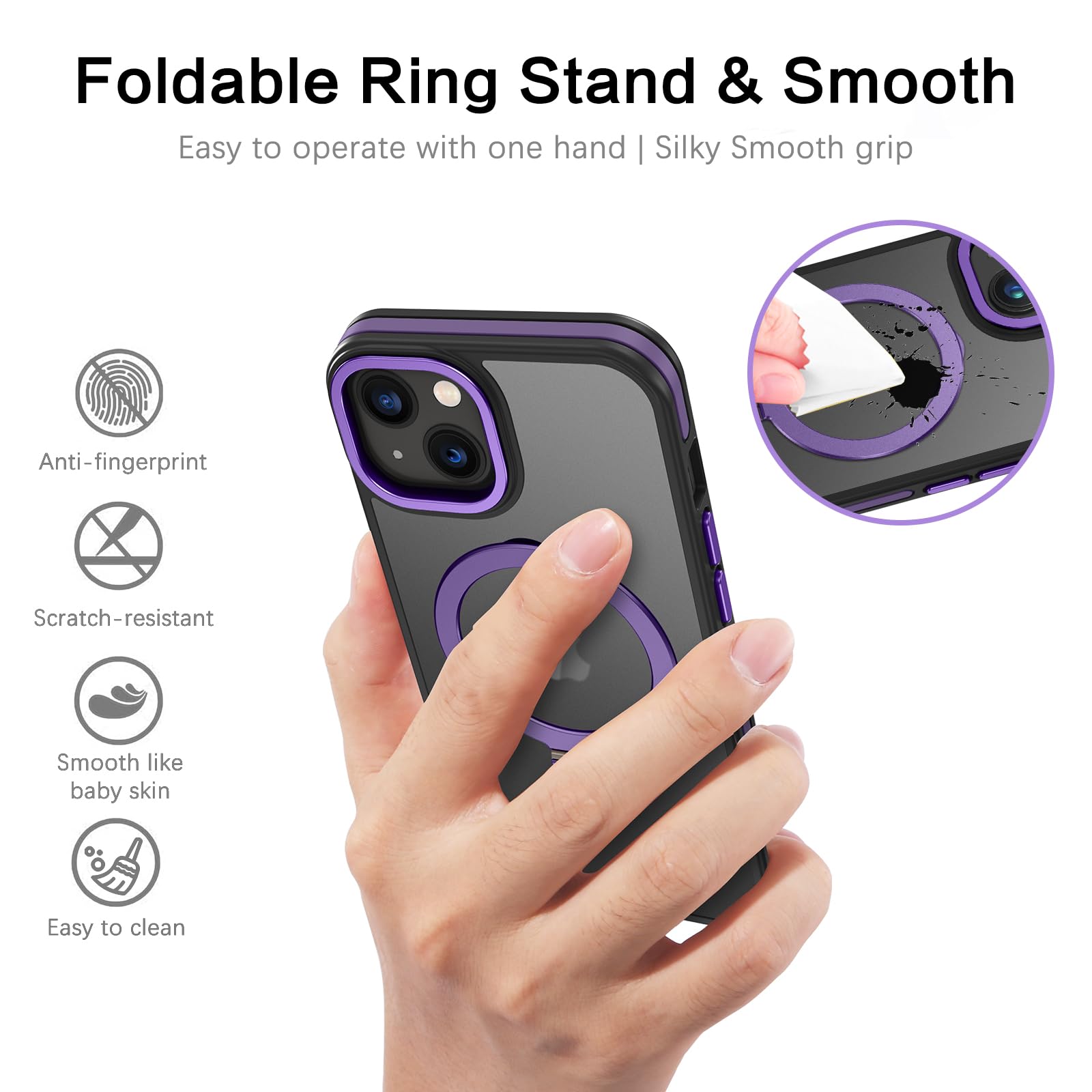 Veningo Iphone 14 Case,Iphone 13 Case,Magnetic Slim Fit Magsafe Translucent Matte Car Mount Supported Foldable Ring Holder Kicks