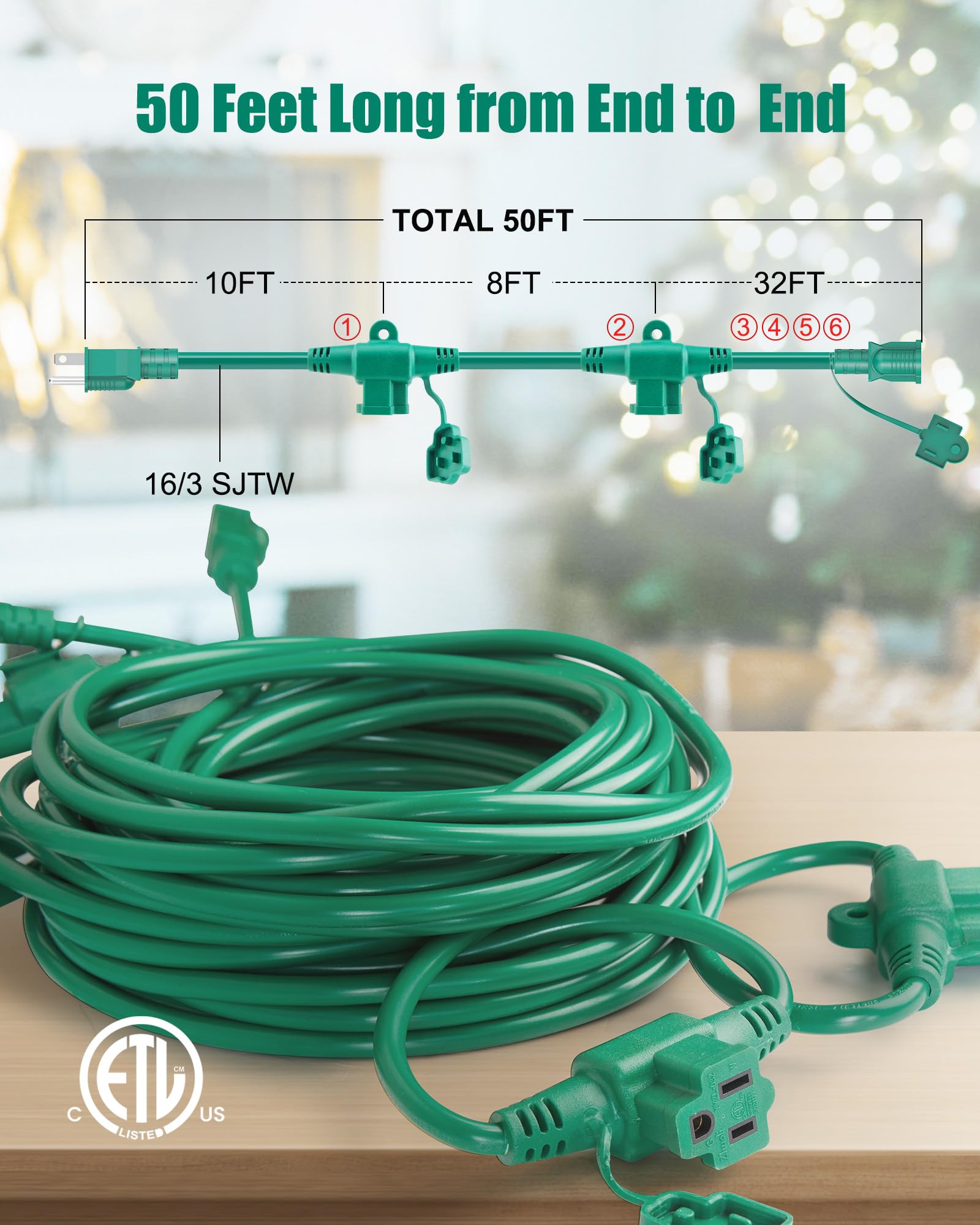 Outdoor Extension Cord Multiple Outlet, 50 Ft Christmas Light Extension Cord Evenly Spaced 6 Outlets Plugs With Safety Cover, 16