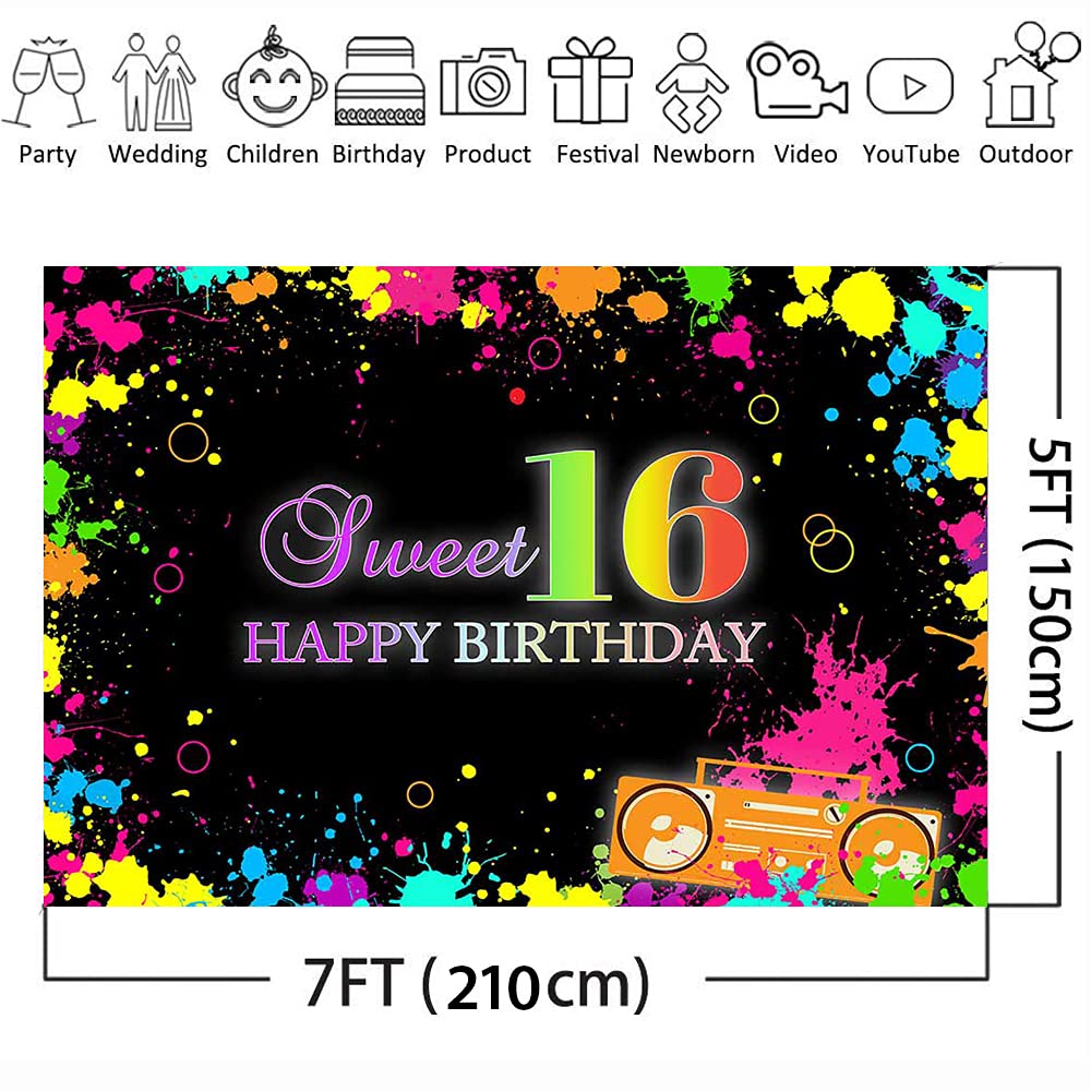 Avezano 7X5Ft Sweet 16 Backdrop Neon 16Th Birthday Banner Sweet 16 Glow In The Dark Party Decorations Graffiti Sweet Sixteen Par