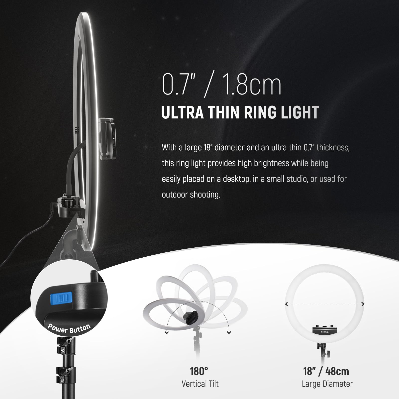 Neewer Professional Ring Light With Stand And Phone Holder, 18 Inch Ultra Thin, 45W 2900K 7000K Tlci98, Remote Shutter & App Con