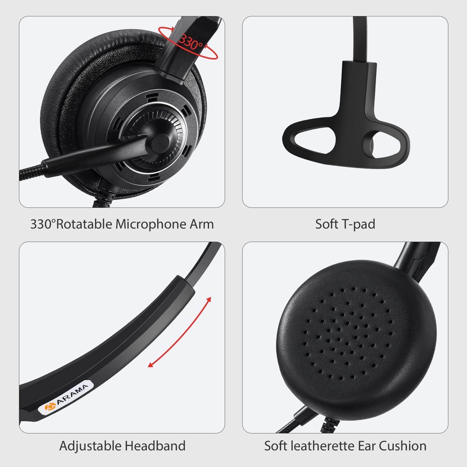 Arama Yealink Phone Headset With Microphone Noise Cancelling, Rj9 Office Telephone Headsets Compatible With Yealink T20P T21P T2