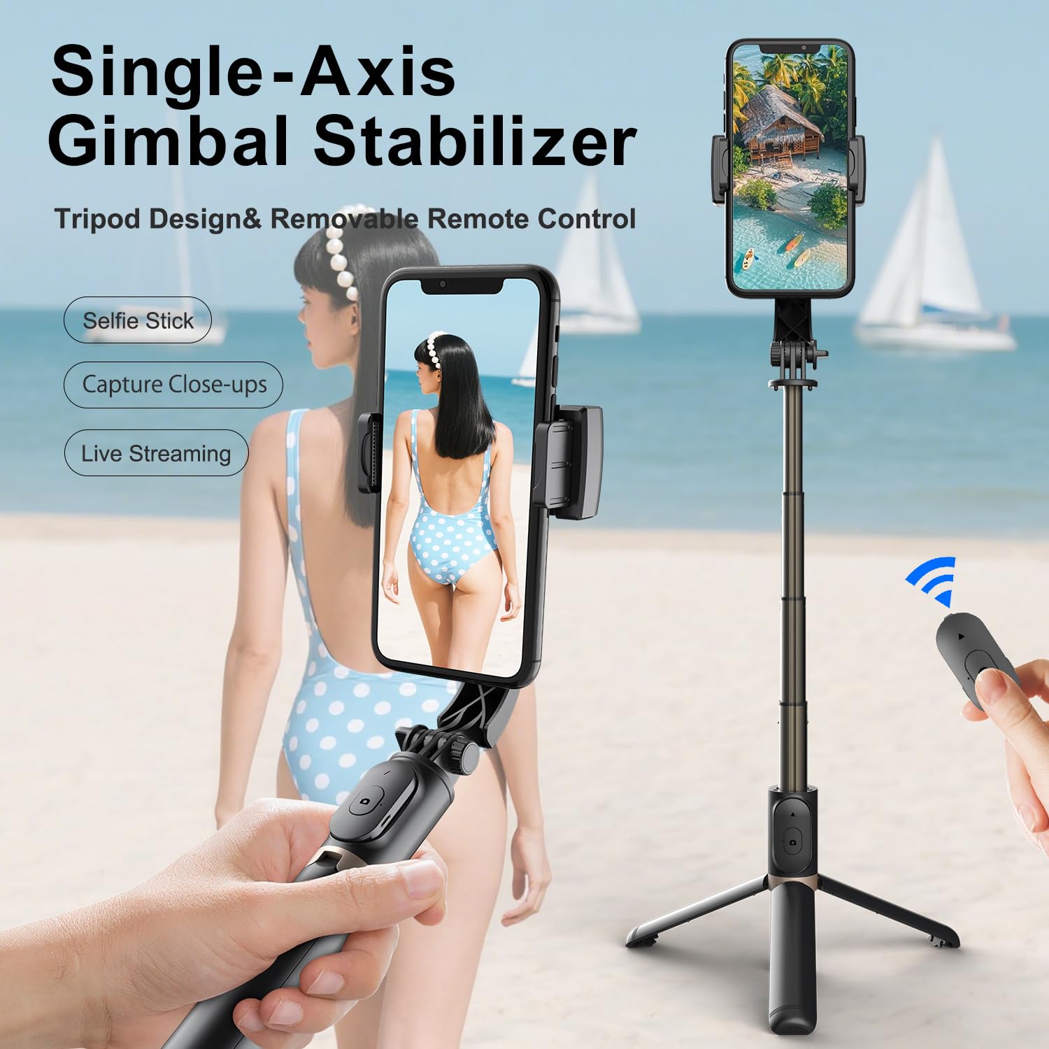 Selfie Stick Tripod With Gimbal Stabilizer For Phone, 360 Auto-Balance 1-Axis Rotation, Remote Control, Portable For Vlogging, T