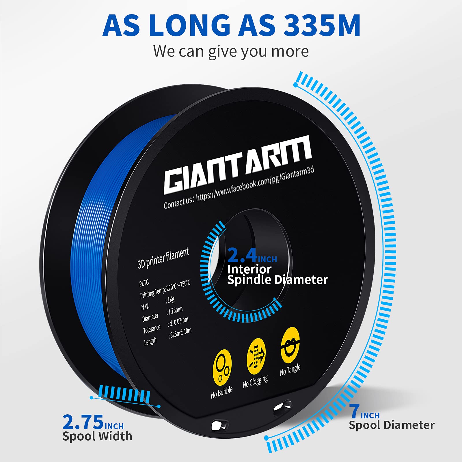 Giantarm Blue Petg 3D Printer Filament 1Kg (2.2Lbs) Toughness Enhanced,1.75Mm Dimensional Accuracy +/ 0.02Mm, 1080 Feet(330M)Per