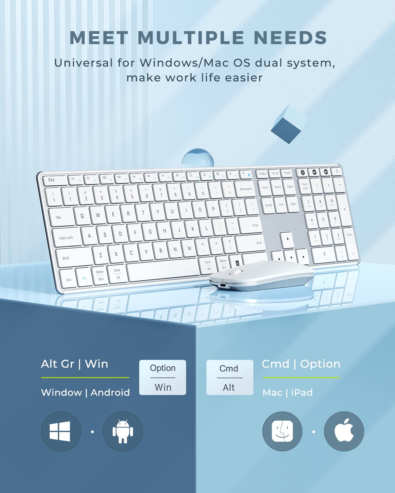 Wireless Bluetooth Keyboard And Mouse Combo (Usb + Dual Bt), Seenda Multi Device Rechargeable Slim Keyboard And Mouse, Compatible For Win 7/8/10, Macbook Pro/Air, Ipad, Tablet   White Silver