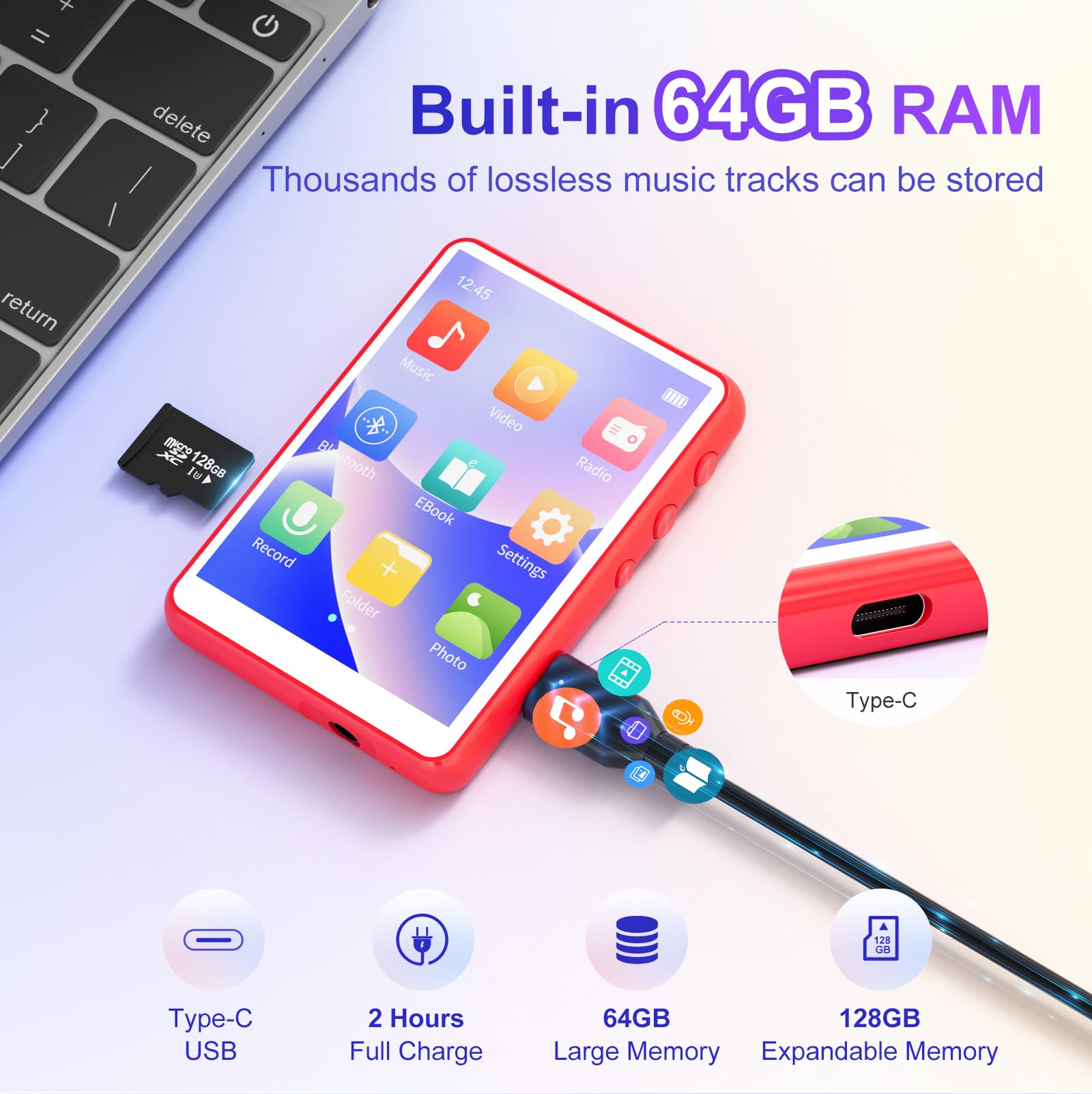 Mechen 64Gb Mp3 Player Bluetooth 5.3 With 2.4'' Full Touch Screen,Portable Digital Music Player With Speaker,Fm Radio, Line Reco