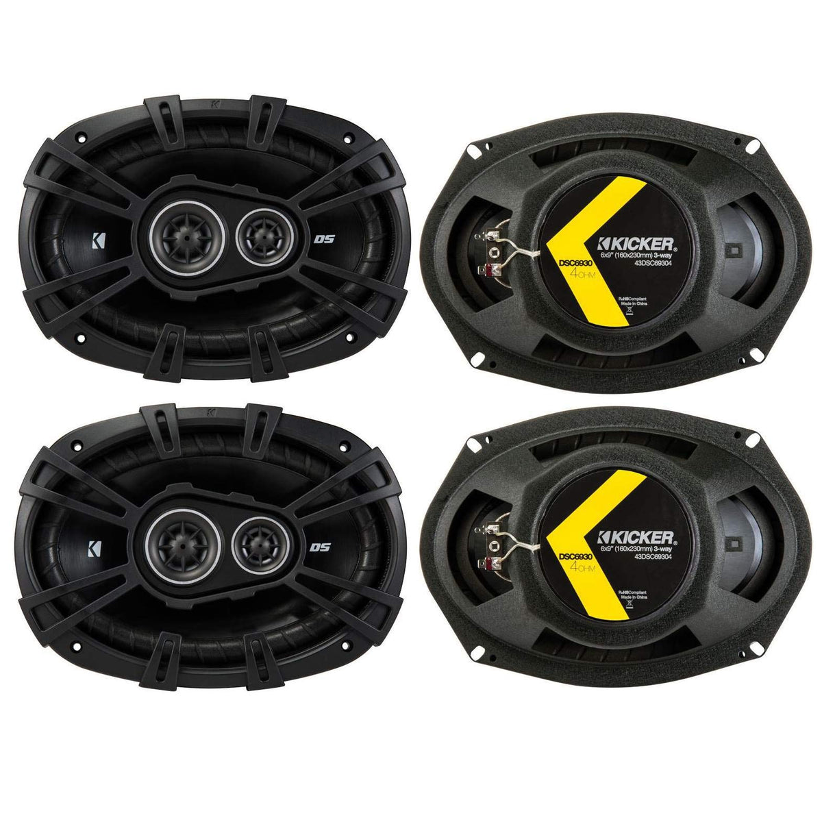 Kicker 43Dsc69304Ds 6X9 360 Watt 3 Way 4 Ohm Car Audio Thin Profile Coaxial Speakers With Dome Tweeters, Foam Surrounds & Polypr