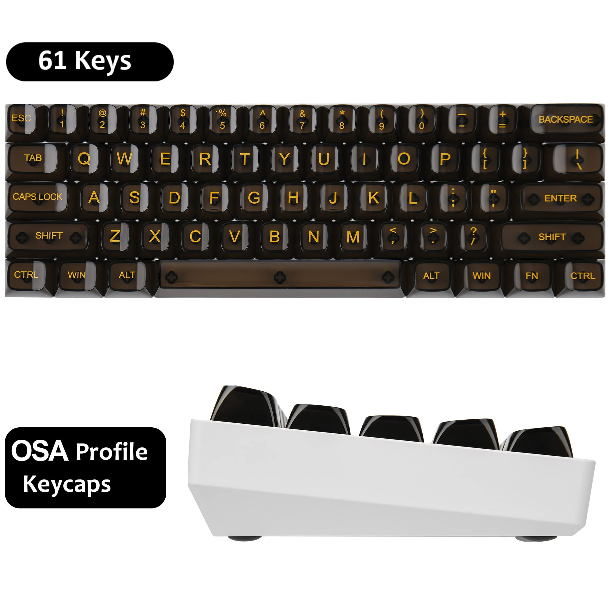 Fogruaden 61 Keys Black Clear Keycap Set, Osa Profile Transparent Pc Material Keycaps, Only Compatiable 61 Key Cherry Gateron Mx