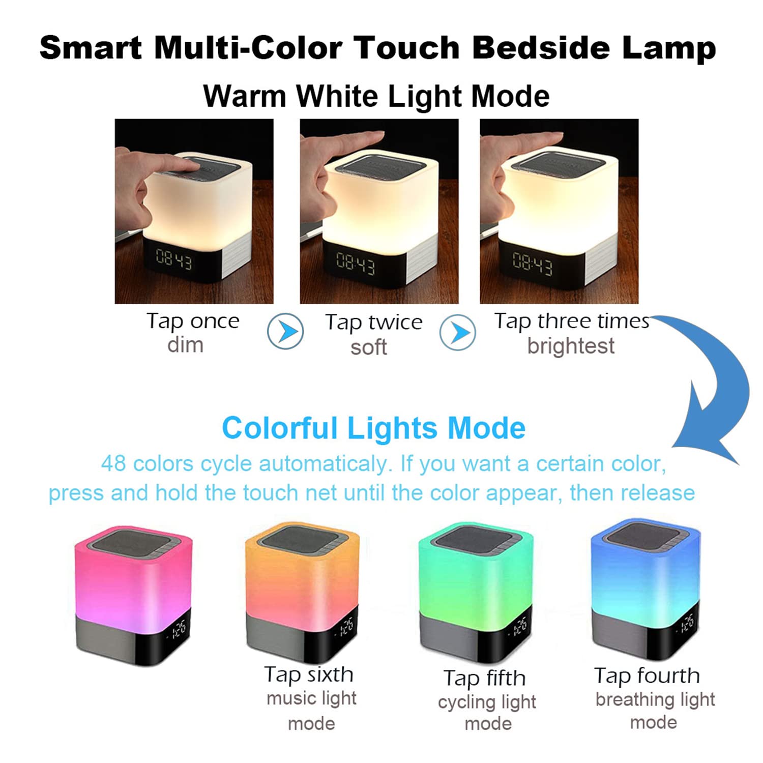 Bluetooth Speaker Night Lights, Bluetooth Alarm Clock For Kids Mp3 Player, Touch Control Bedside Lamp, Color Changing Table Lamp