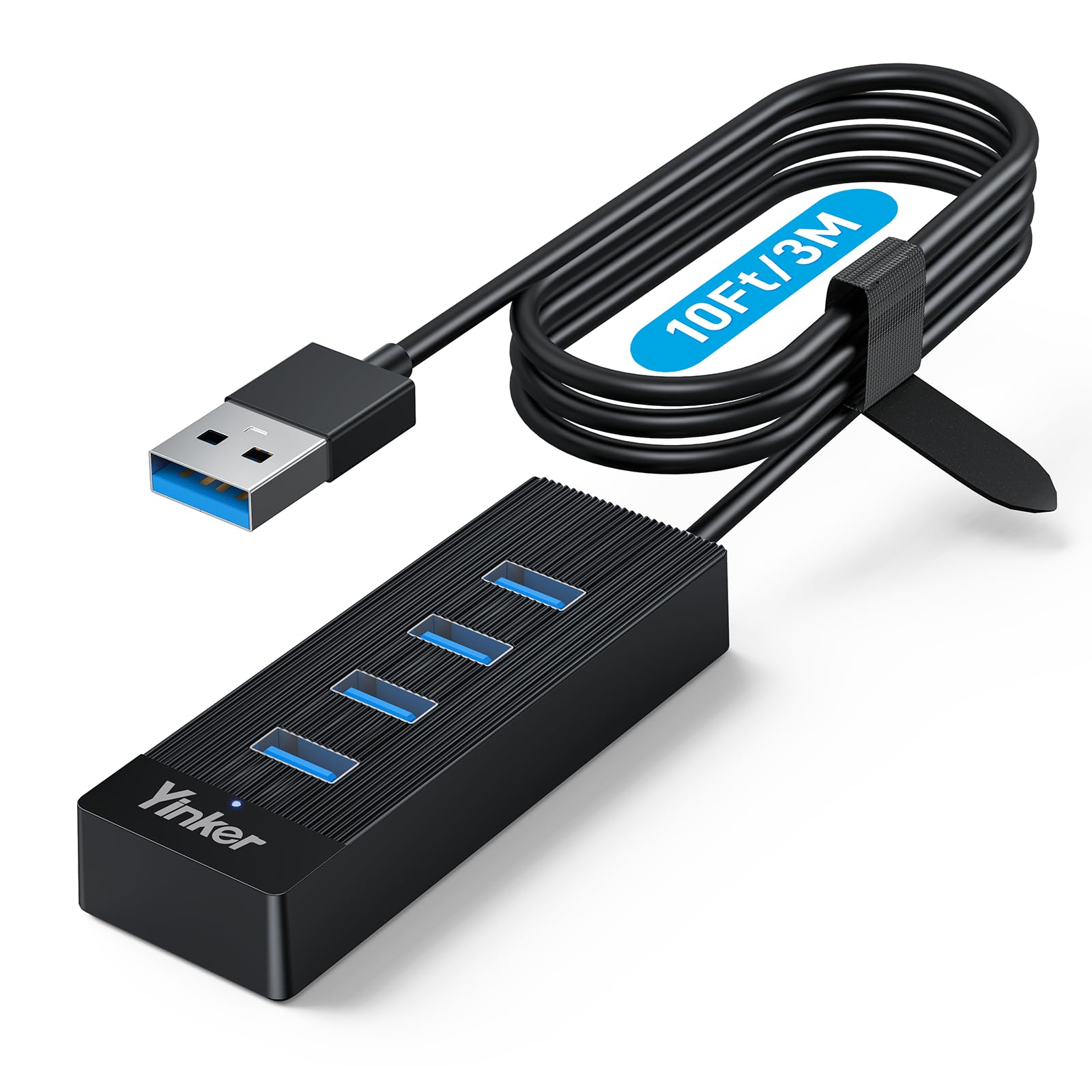 Yinker 4 Port USB 3.0 Hub 10FT Long Cable with 5 Gbps & 5V USB-C Power Supply for Laptop Desktop PC - USB Hub Splitter Extender 