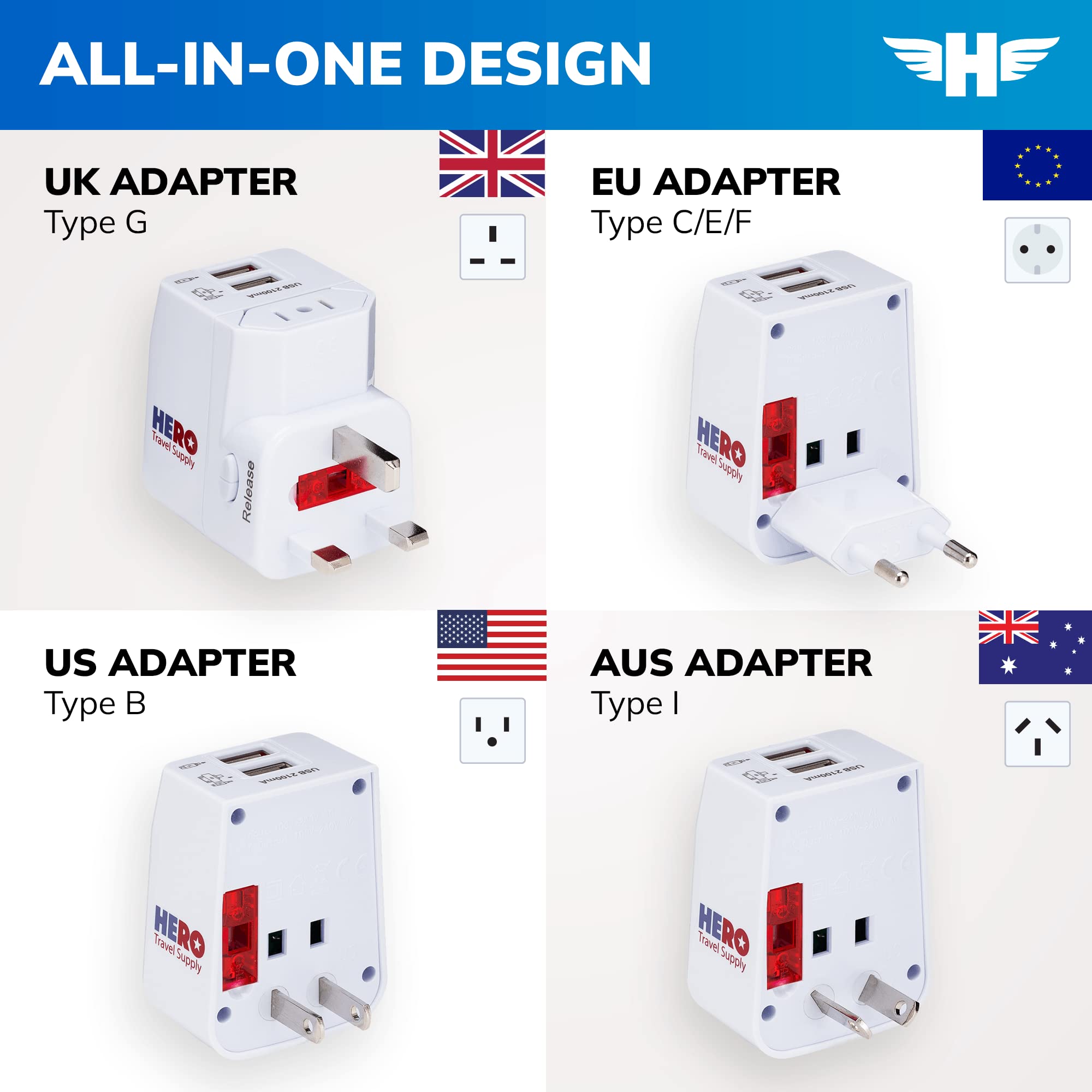 Hero Travel Supply Premium US to UK Power Adapter Plug, Type G, 3 Pack, Grounded, White