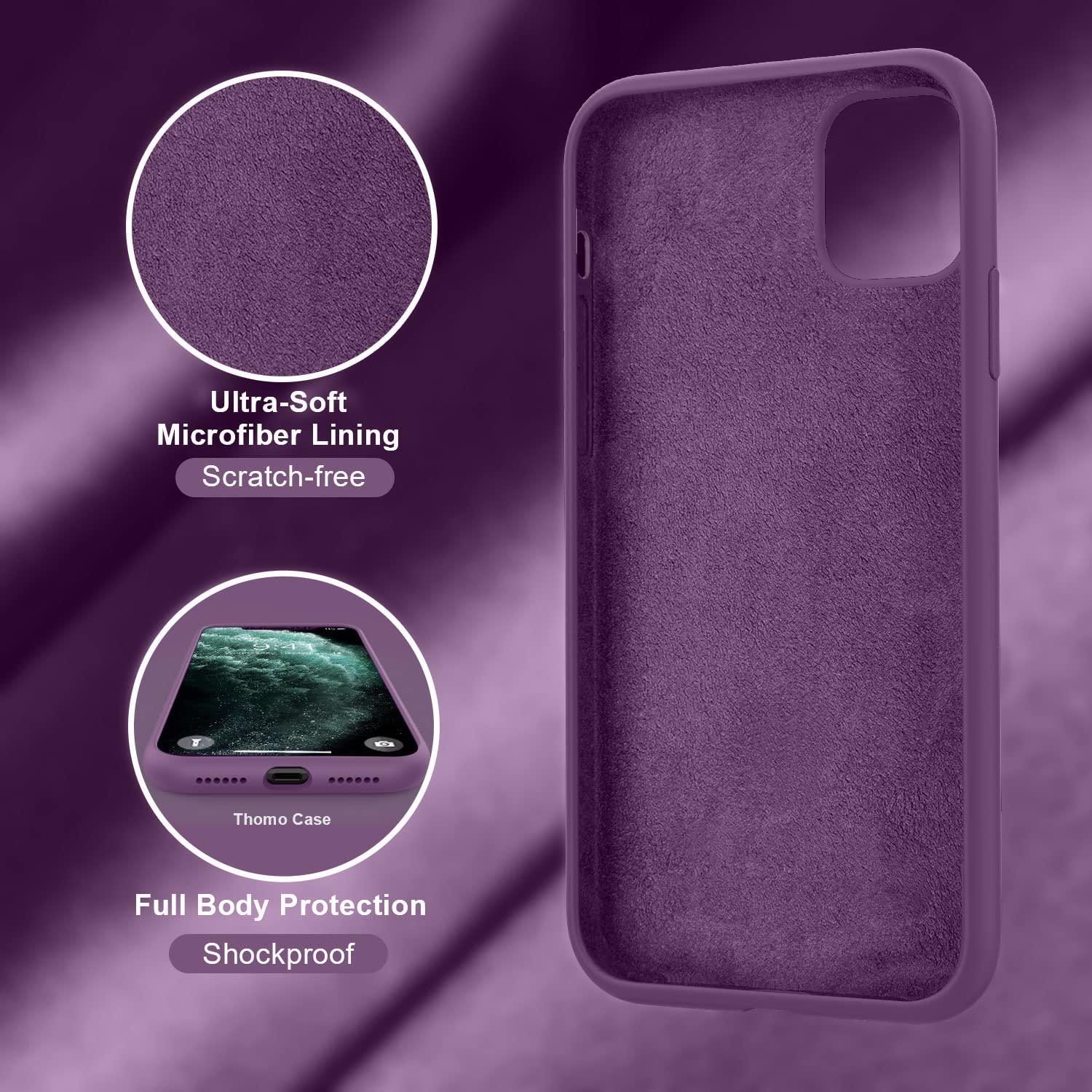 Thomo iPhone 11 Pro Max Phone Case Liquid Silicone Ring Holder Kickstand Full-Body Protective Grape