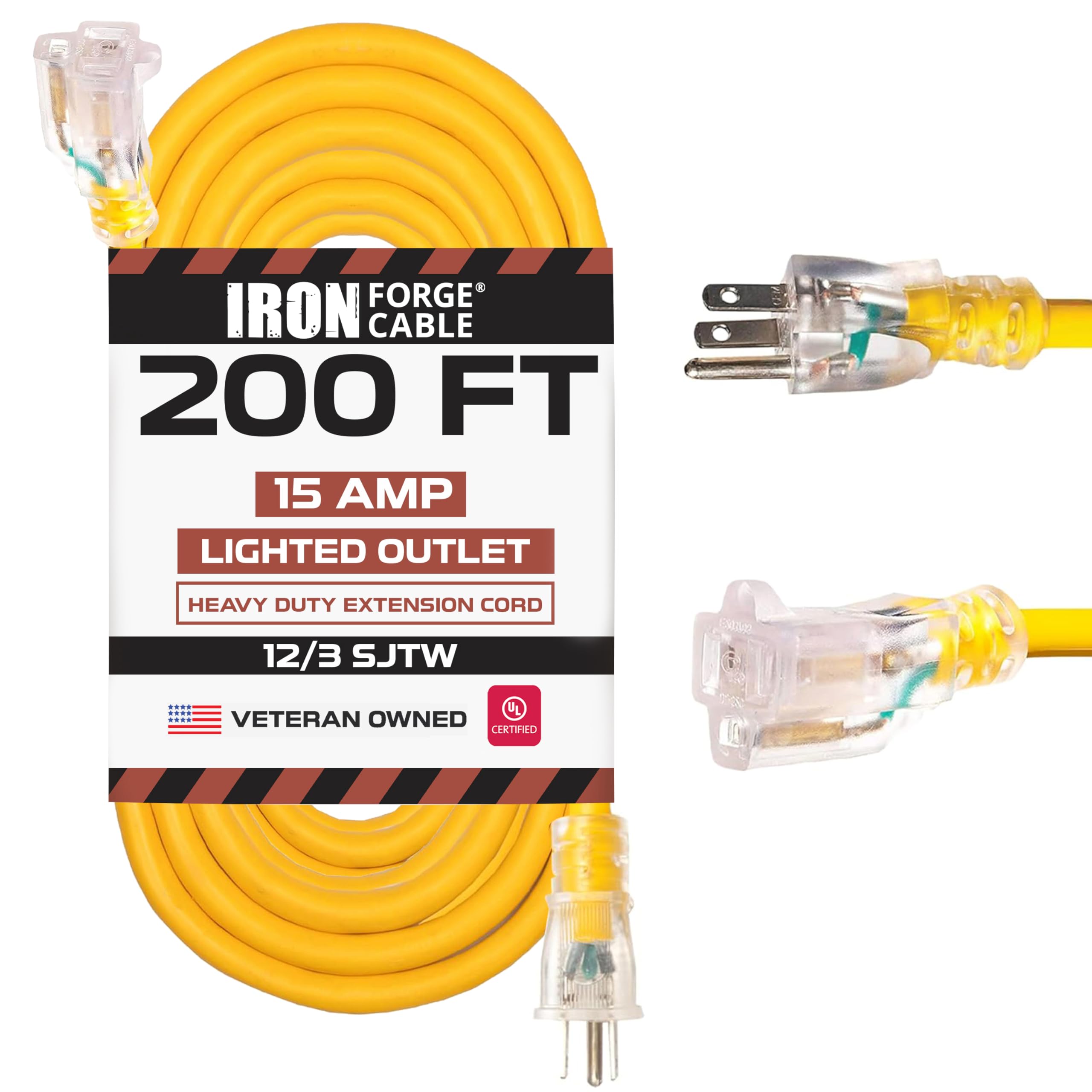 Iron Forge Cable 200 Foot Heavy Duty Extension Cord Lighted Plug, 12 Gauge Extension Cord 200 Ft, Sjtw 15 Amp Yellow Outdoor Ele