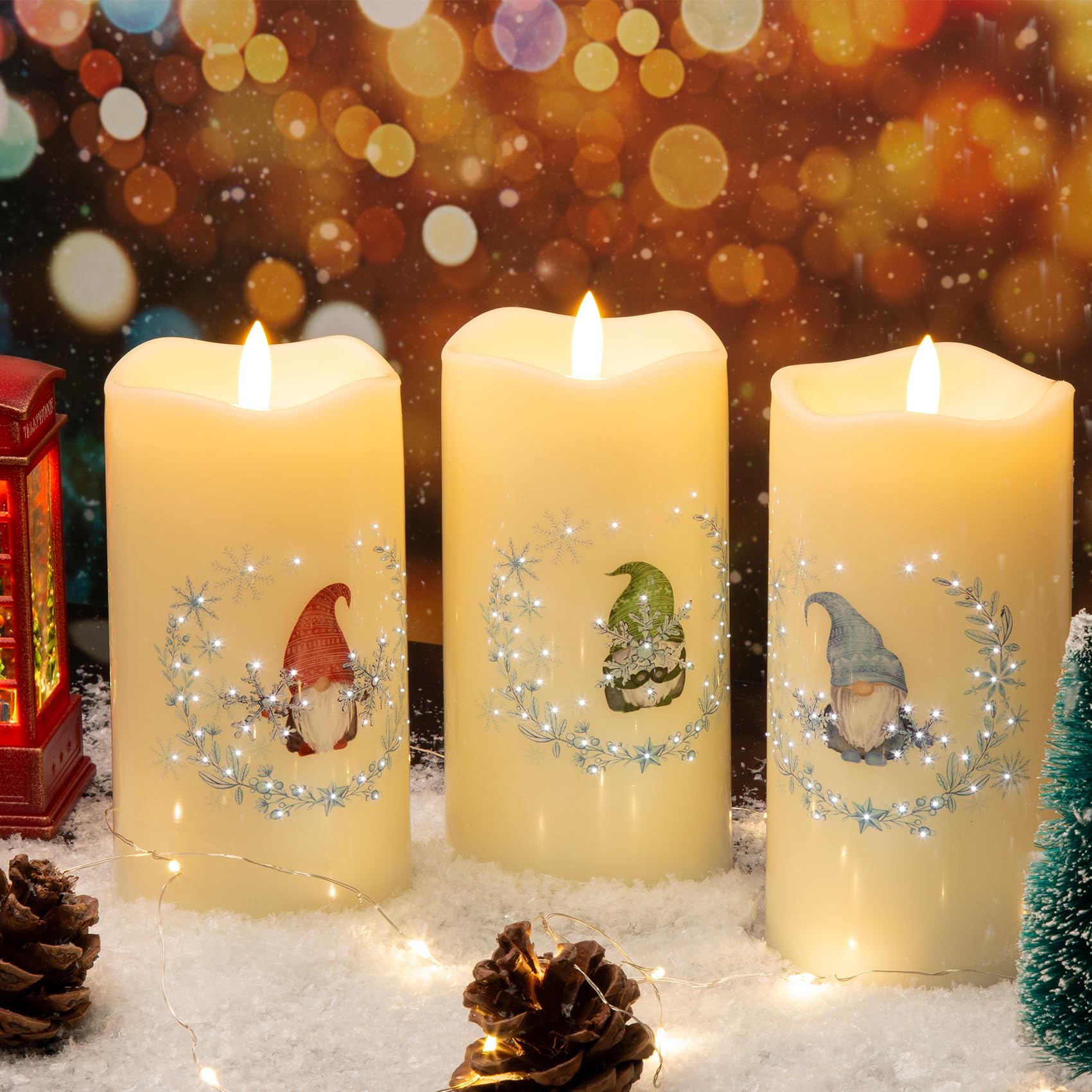 Eywamage Fiber Optic Christmas Flameless Pillar Candles With Remote, Snowflakes Gnomes Flickering Led Battery Candles Set Of 3