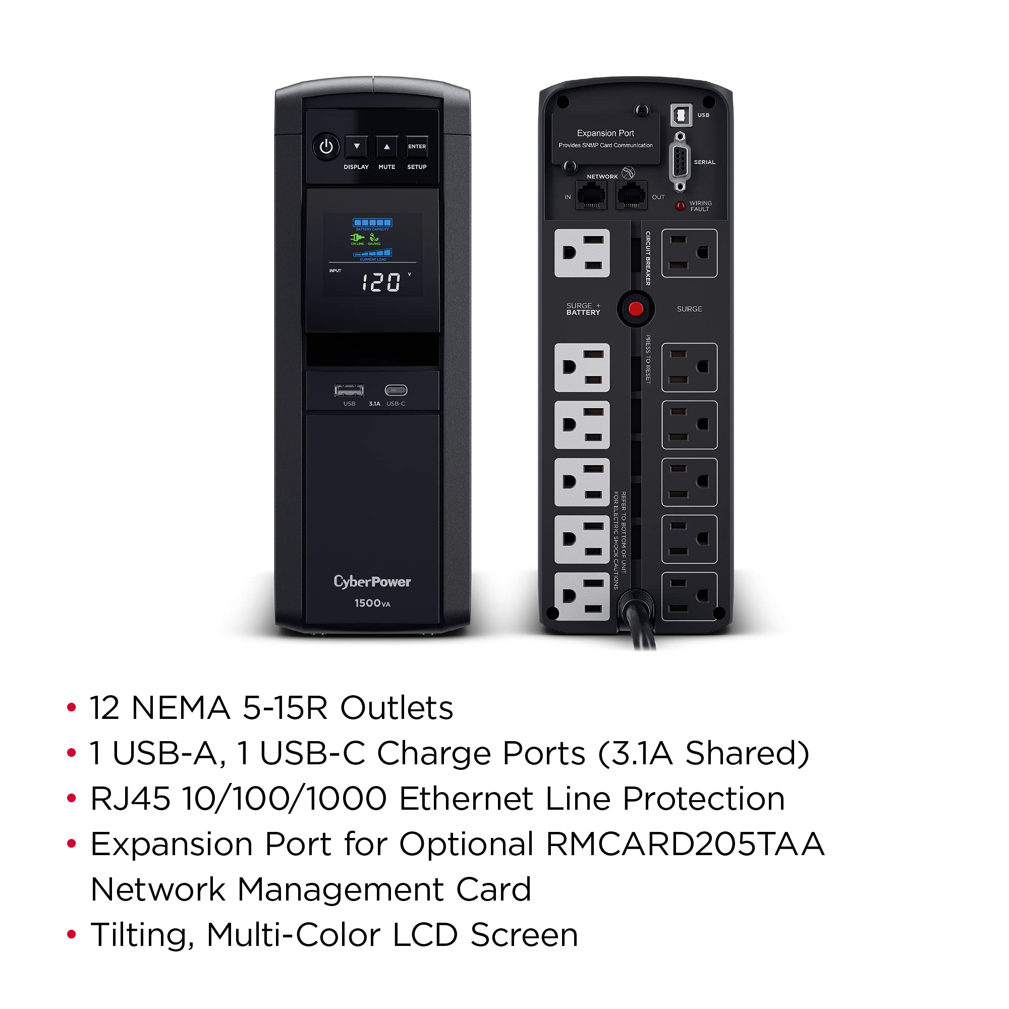 Cyberpower Cp1500Pfclcdtaa Pfc Sinewave Ups System, 1500Va/1000W, 12 Outlets, Avr, Mini Tower, Taa Certified, Black