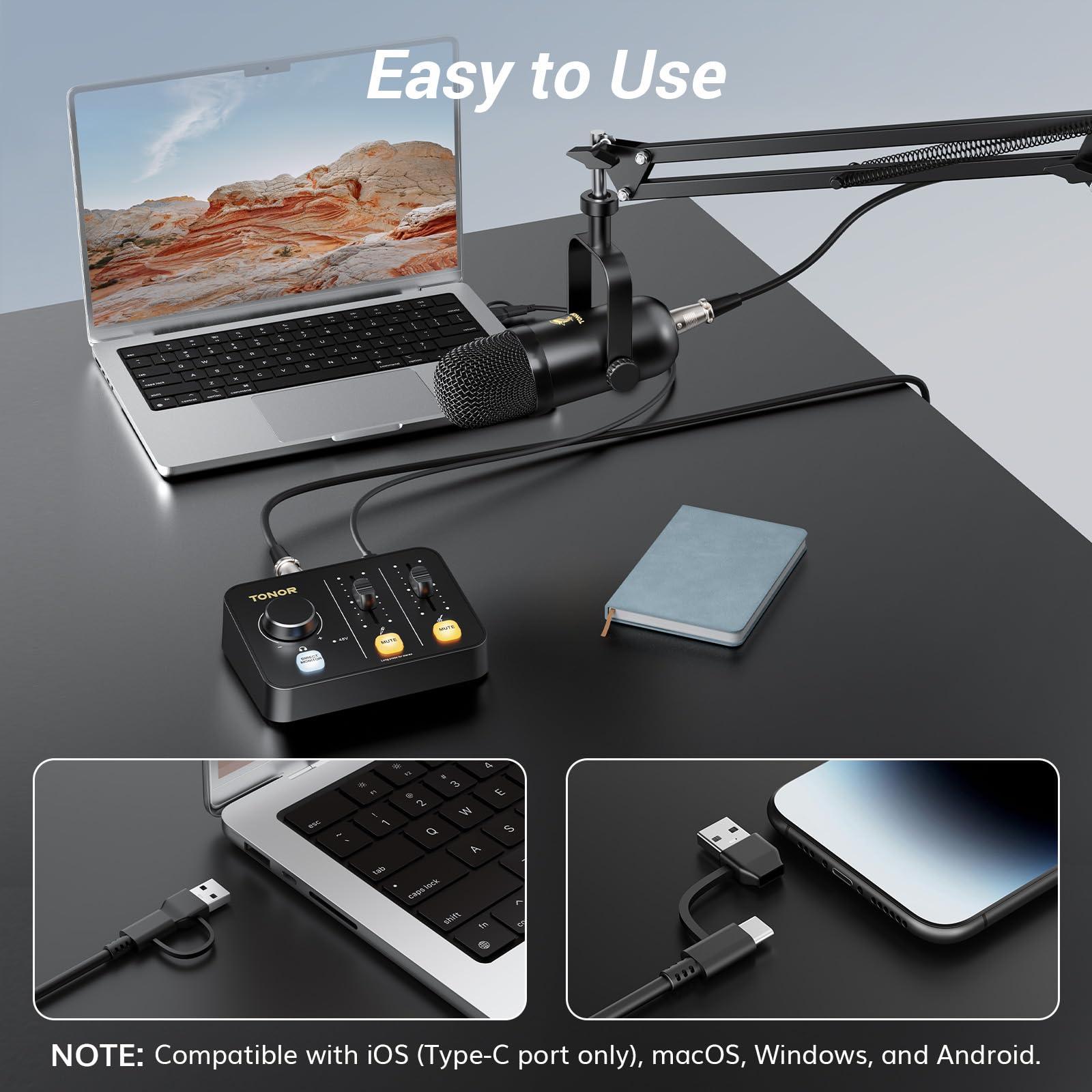 Tonor Podcast Equipment Bundle, Audio Mixer With Dynamic Microphone And Boom Arm Set, Xlr Mic With Studio Audio Interface, Desk