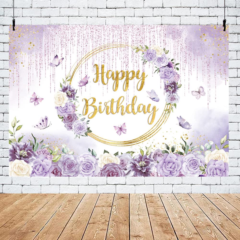Mehofond 7X5Ft Spring Purple Floral Happy Birthday Backdrop Girl Violet Dripping Glitter Bday Photography Background Princess Bd