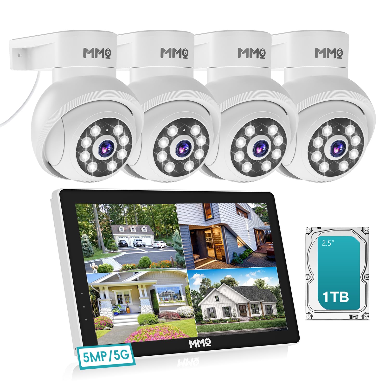 ?Wireless Pro, 3K &10Ch?5Mp Security Cameras Wireless Outdoor With 10.1'' Lcd Monitor, 4Pcs Wifi Ptz Security Cameras With 4K Nv