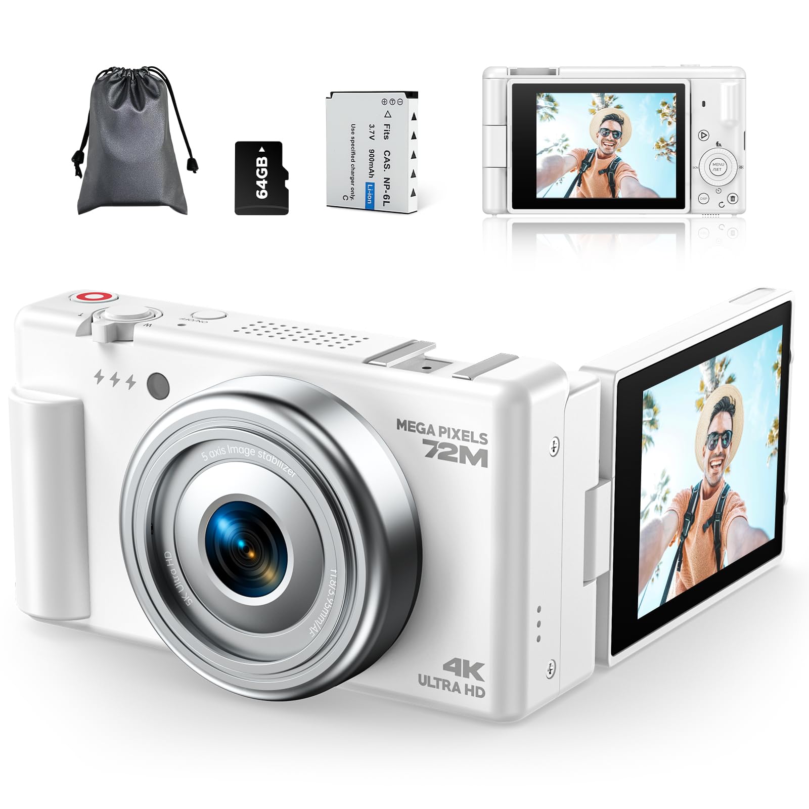 4K Digital Camera for Photography, 72MP Vlogging Camera for YouTube, Autofocus Digital Cameras with 270 Flip Screen, 18X Digital
