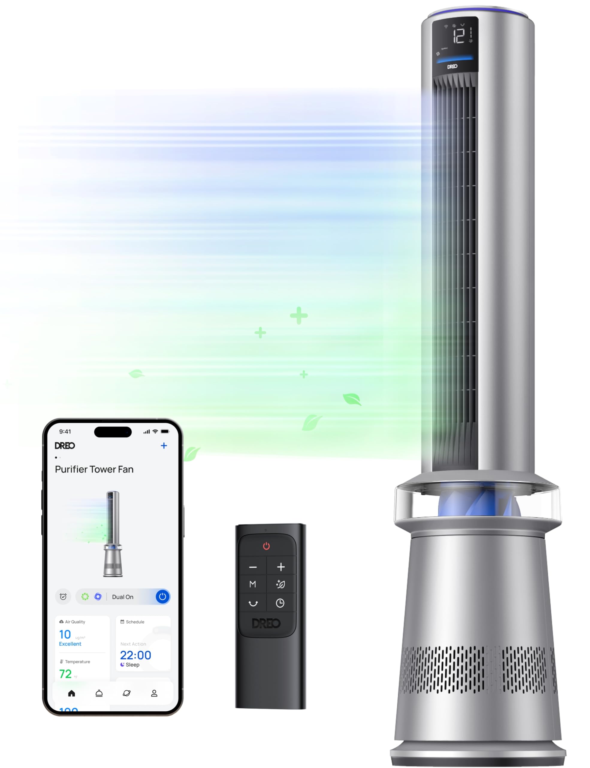 Dreo Mc710S Air Purifier Tower Fan, 45' 2 In 1 Smart Fan For Bedroom, 27Ft/S Velocity, 120�Oscillation, 24H Timer Bladeless Fans For Home, 25Db Low Noise, Standing Fan Works With Alexa, Silver Blue