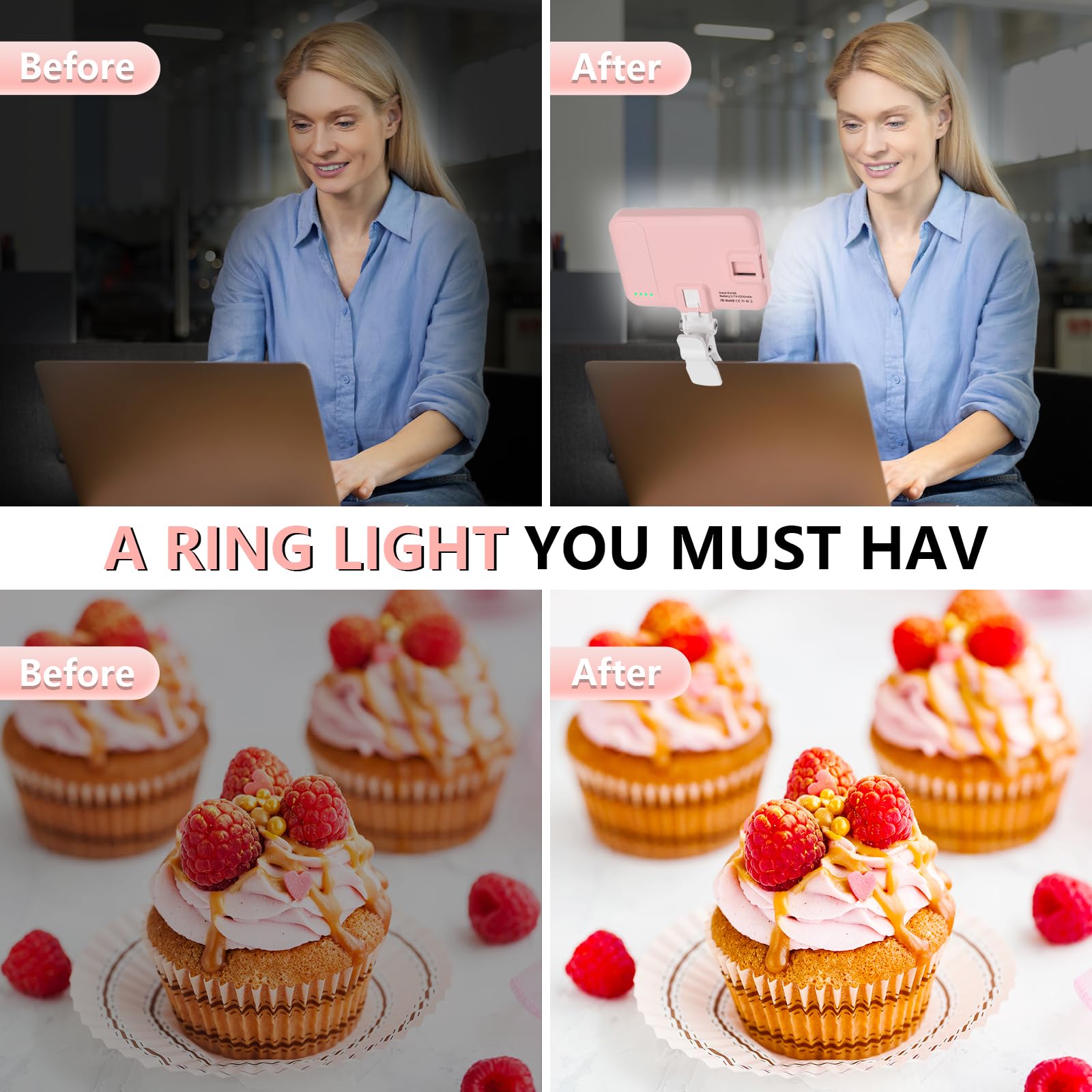 BANSINE Selfie Light - LED USB-Rechargeable Photo Light, 97+ CRI, 6500K, Pink, Model D6 for Video, Makeup, Zoom, Live Stream