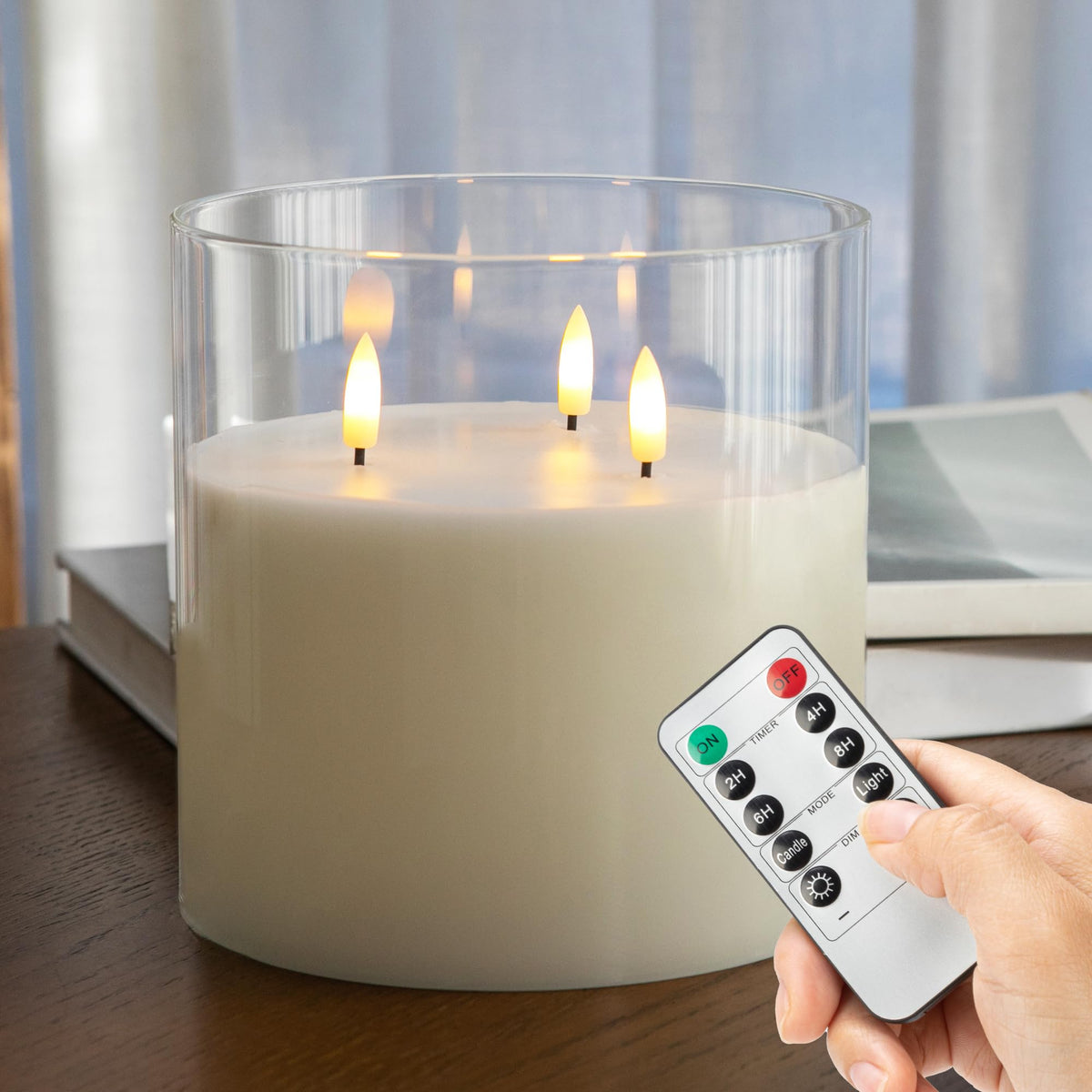 Afineth Extra Large Flameless Candles With 3 Wicks, 6''X6'' Glass, Battery Operated, Real Wax Flickering Led, Clear