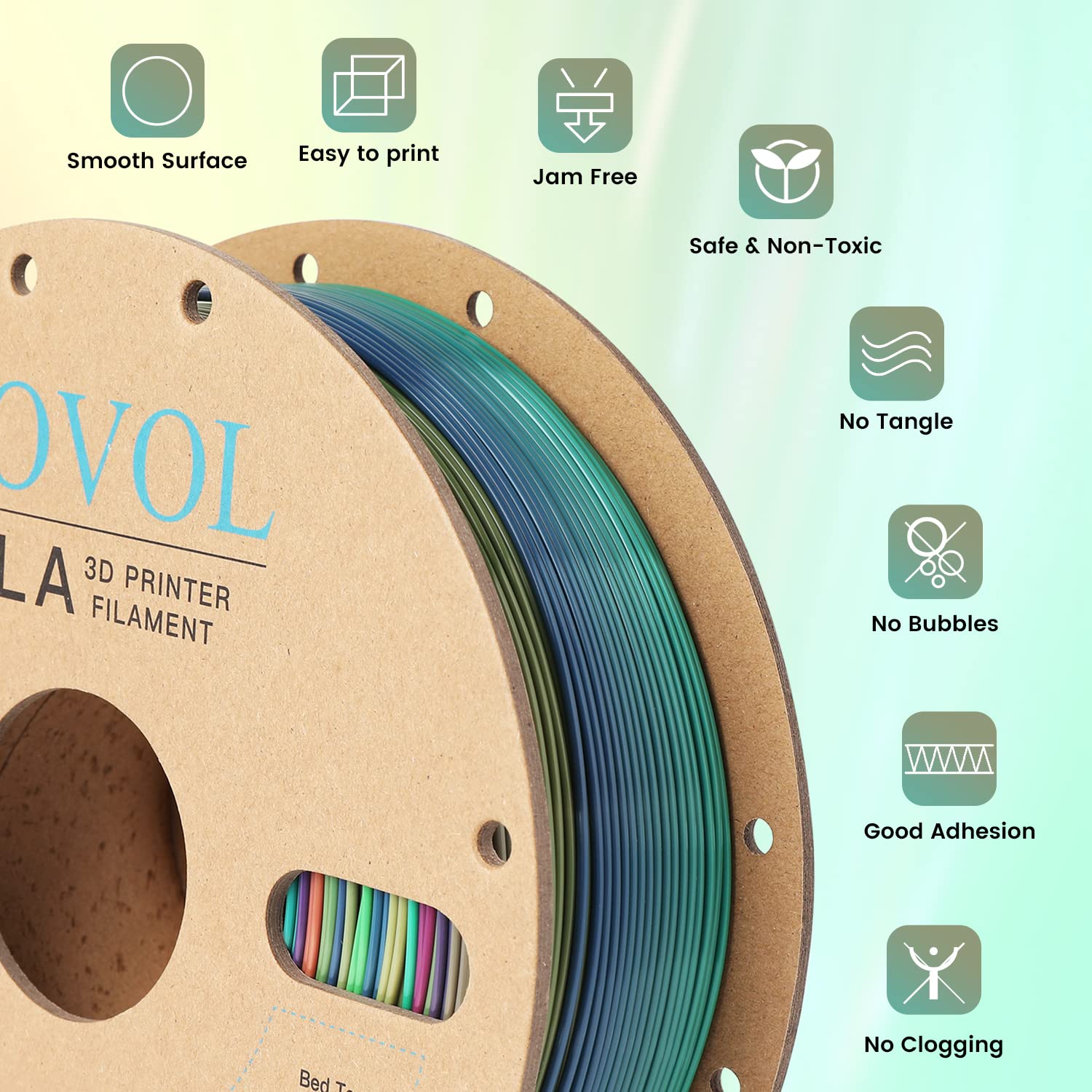 Sovol 3D Printer Silk Shiny Multicolored Fast Change Rainbow Pla 1 Kg (2.2 Lbs) Spool 3D Printing Materials, Wiring Tightness, D