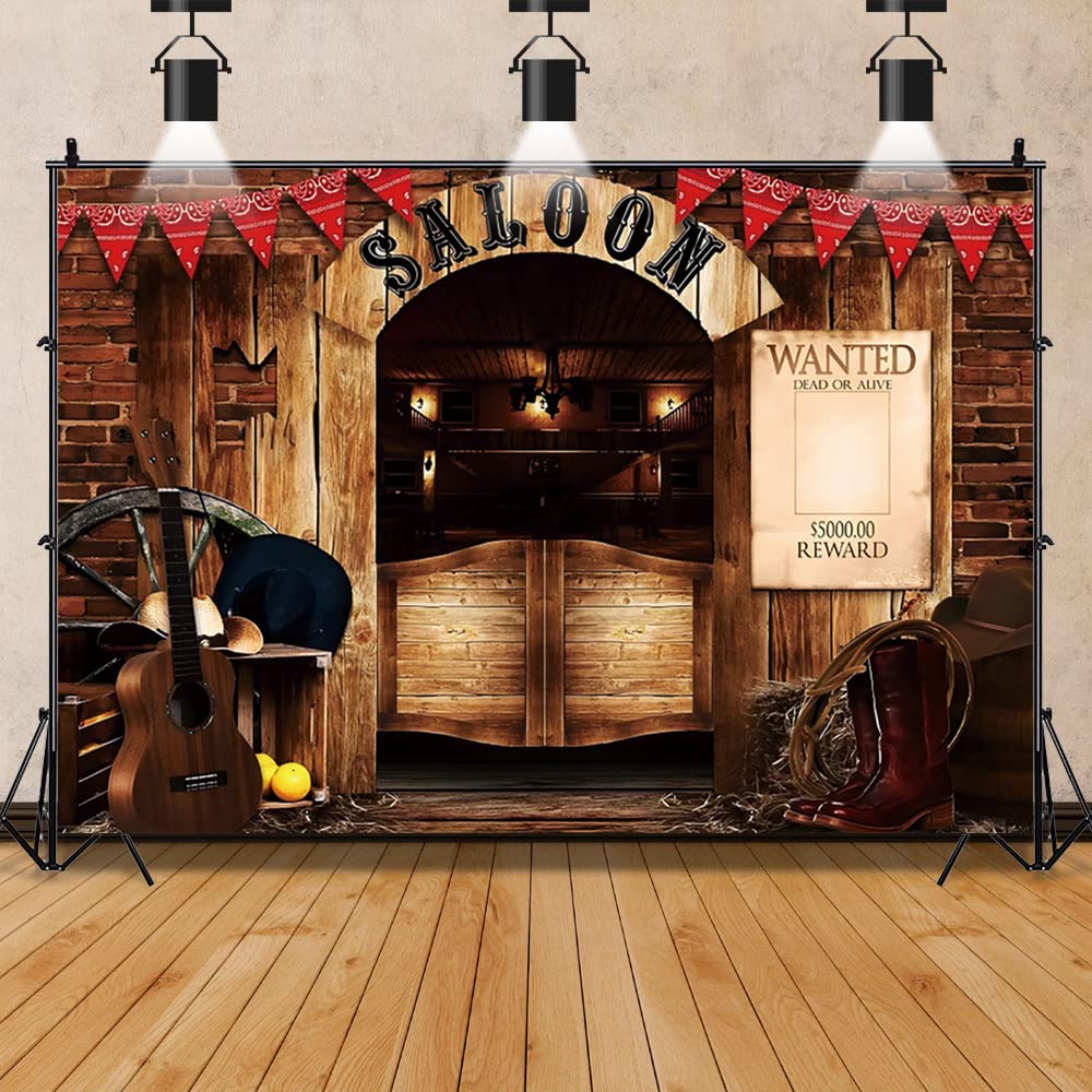 12X8Ft Vintage West Saloon Backdrop,Retro Western Cowboy Background Western Party Supplies Wooden House Barn Banner Cowboy Decor