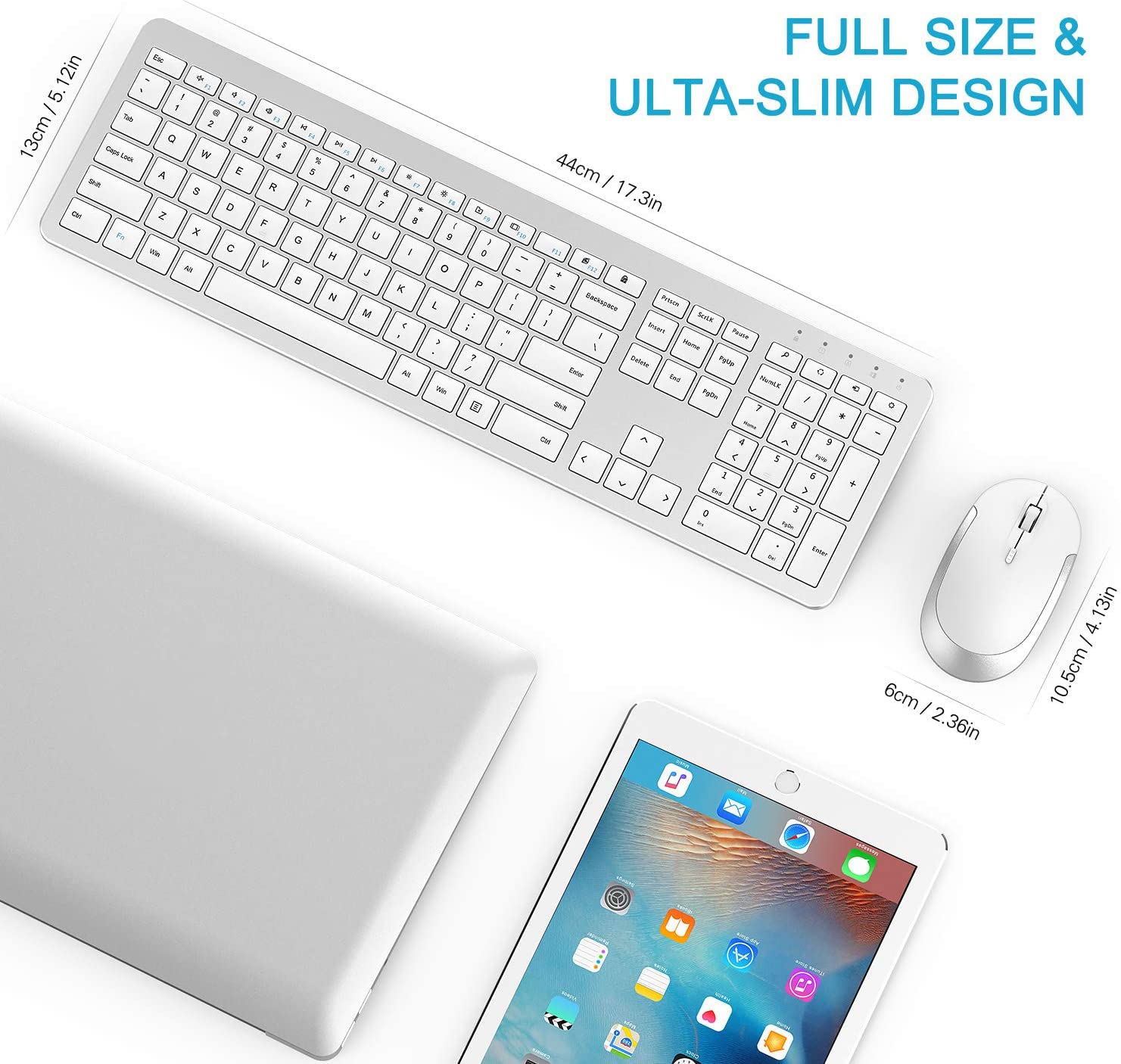 Wireless Keyboard And Mouse Combo   Full Size Slim Thin Wireless Keyboard Mouse With Numeric Keypad 2.4G Stable Connection Adjustable Dpi (White & Silver)