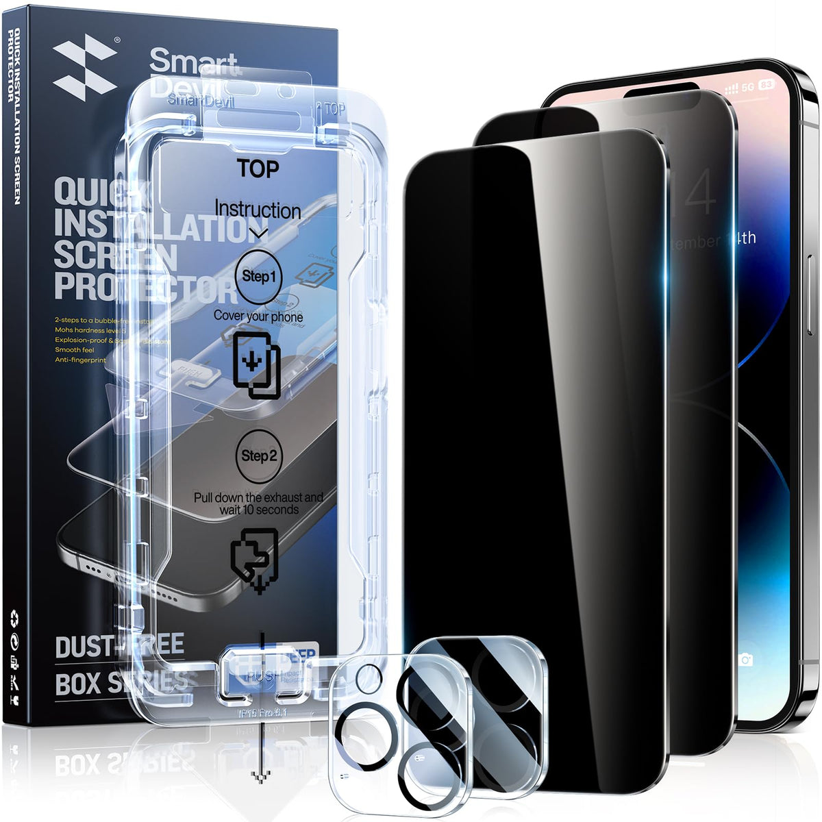 Smartdevil 2Pack For Iphone 14 Pro Max Privacy Screen Protector With 2Pack Camera Lens Protector, 9H Protection Anti-Spy Glass T