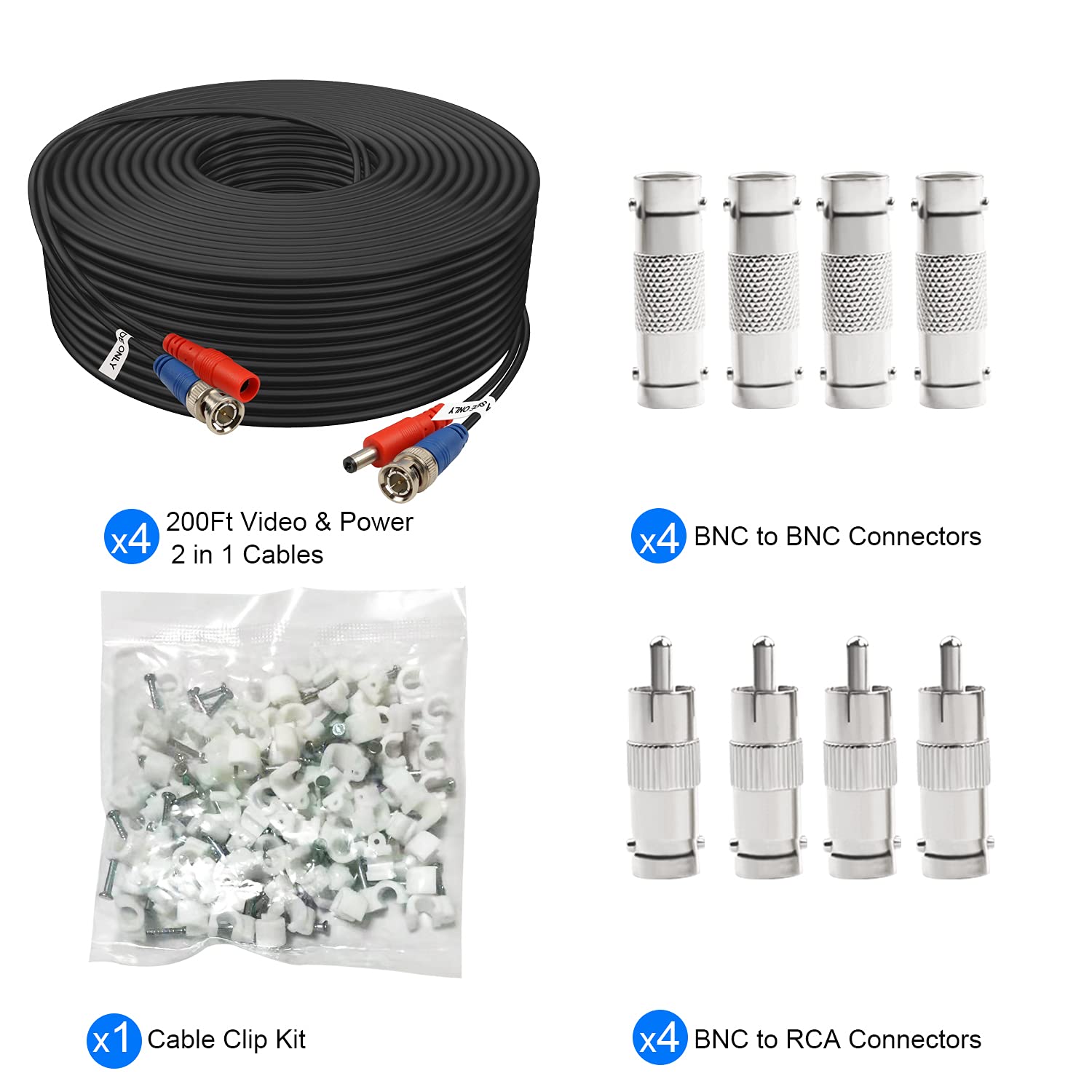 Bnc Cable 200Ft 4 Pack Aimyzii Bnc Video Power Cable,Security Camera Cable For Cctv Camera Dvr Security Systems(Included 8X Bnc