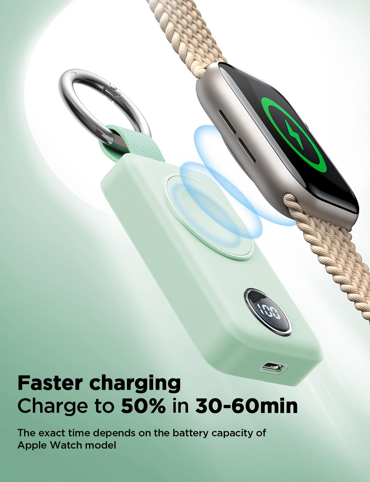 JOYROOM Portable Charger for Apple Watch 2000mAh Fast Charging Power Bank Keychain Mint for Series 10/9/8/7/6/5/4/3/2/SE