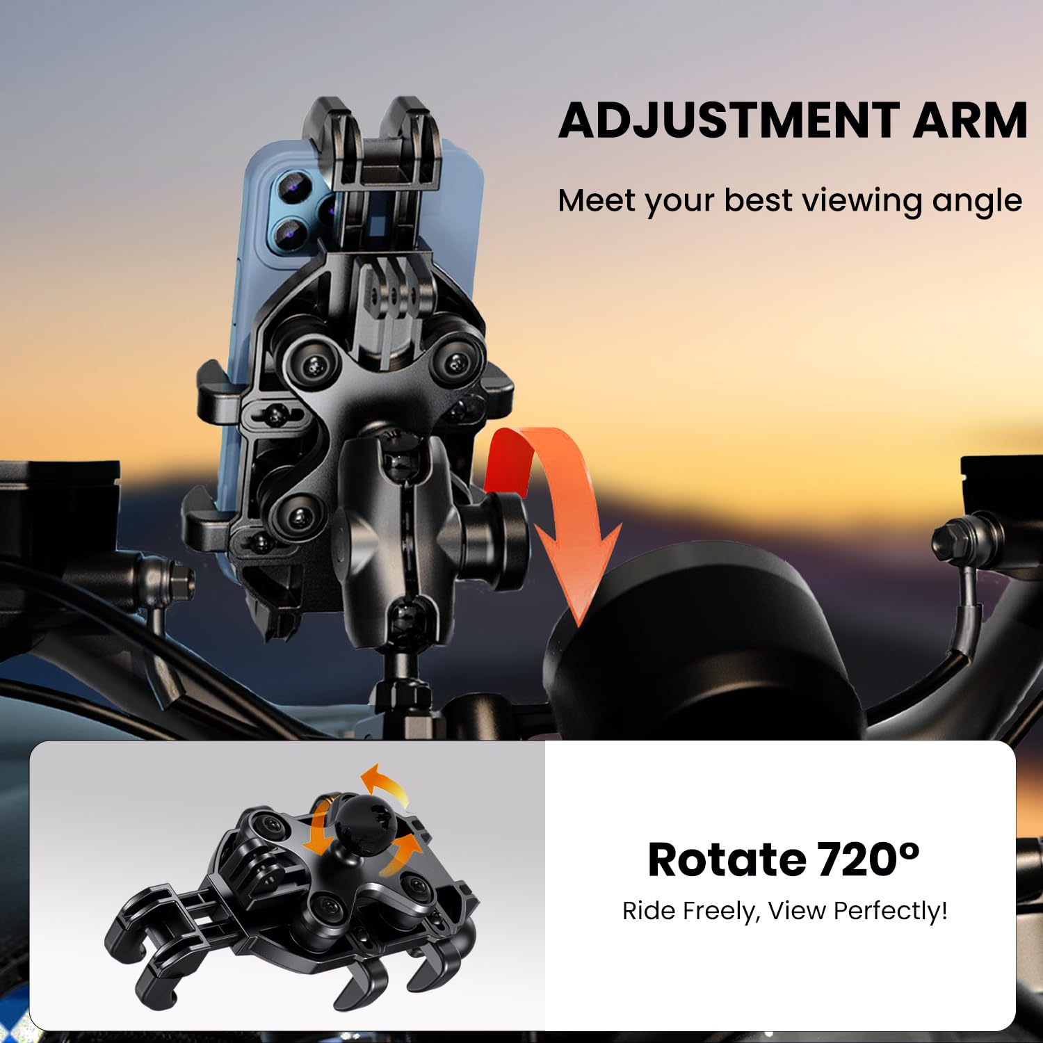 Thlevel Motorcycle Phone Mount Holder With Vibration Dampener Anti-Shake 720 Adjustable For Iphone 16 Pro Max For Samsung 5.4''-