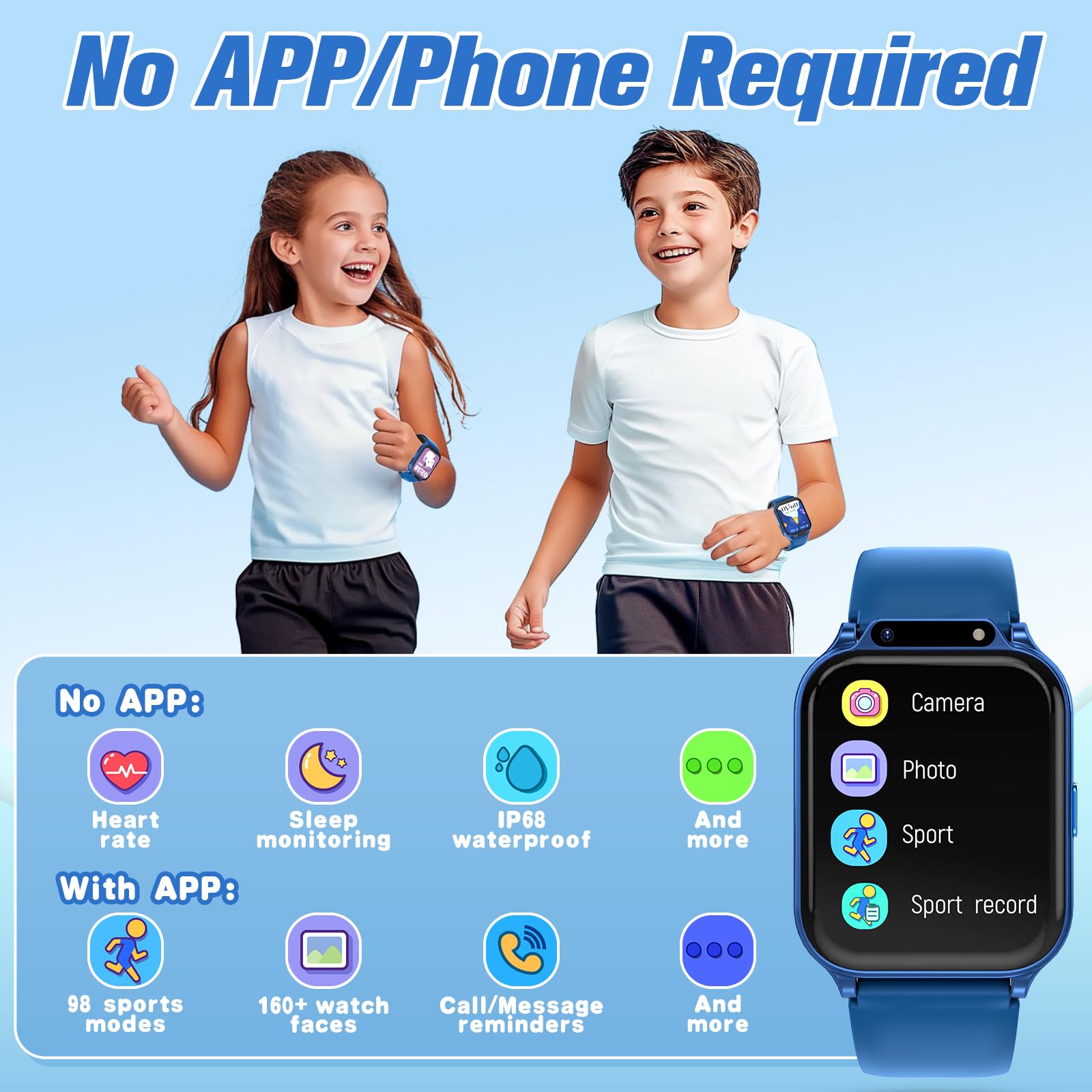 Smart Watch For Kids 1.85'' With Fitness Tracker, Sleep Monitor, 22/98 Sport Modes, Diy Dial, Ip68 Waterproof, Step Counter, Hea