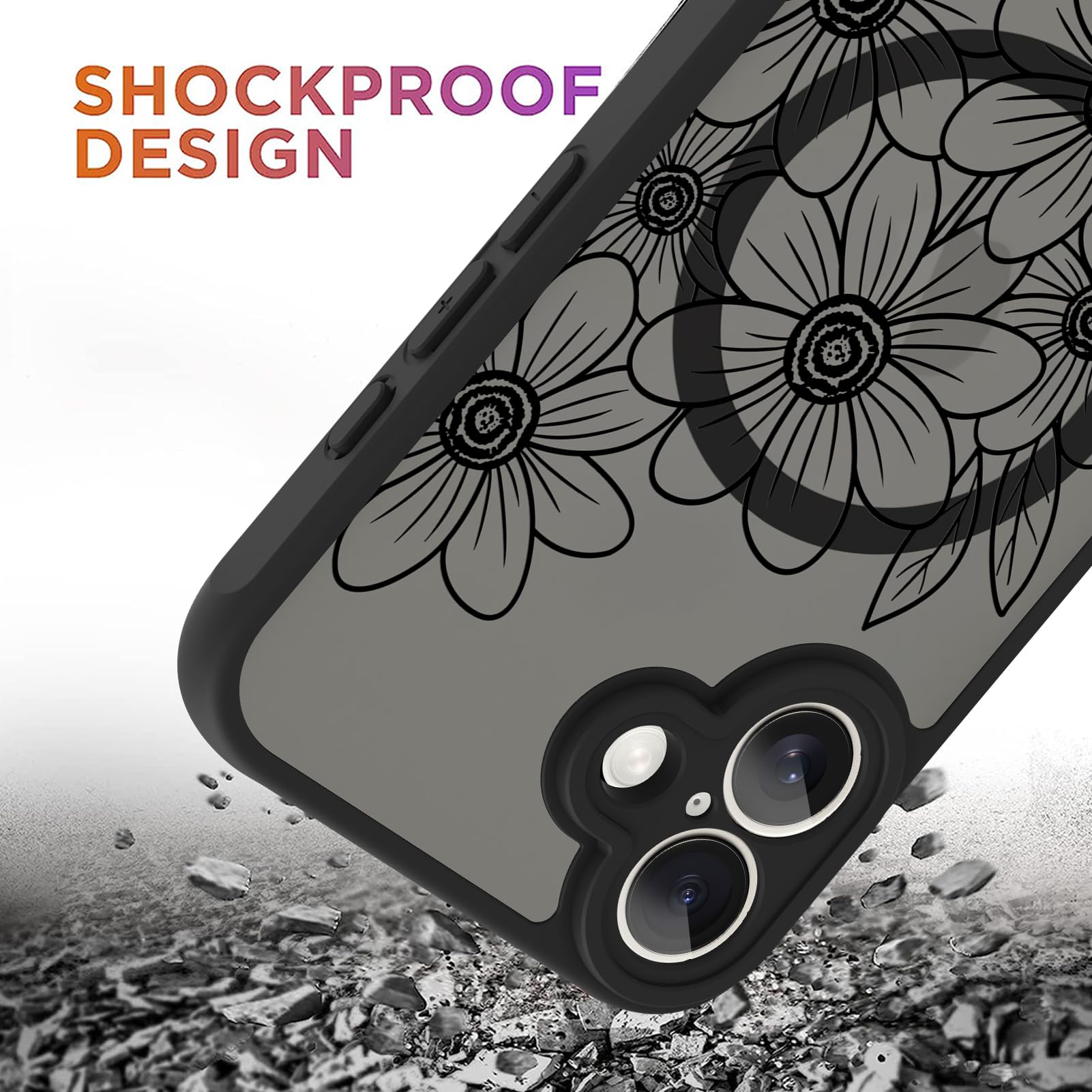 Ook Magnetic For Iphone 16 Plus Case Black Flower Sunflower Pattern [Compatible With Magsafe] Slim Translucent Matte Camera Lens