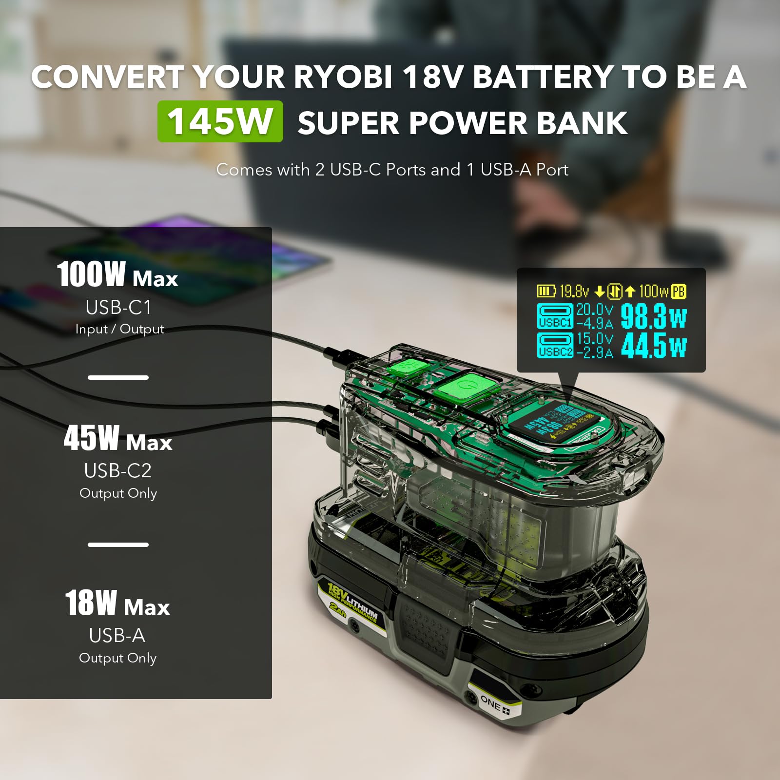 Symik 100W Charger & 145W Power Source For Ryobi 18V Batteries, Advanced Two Way Charger & Portable Power Station W/Oled Screen
