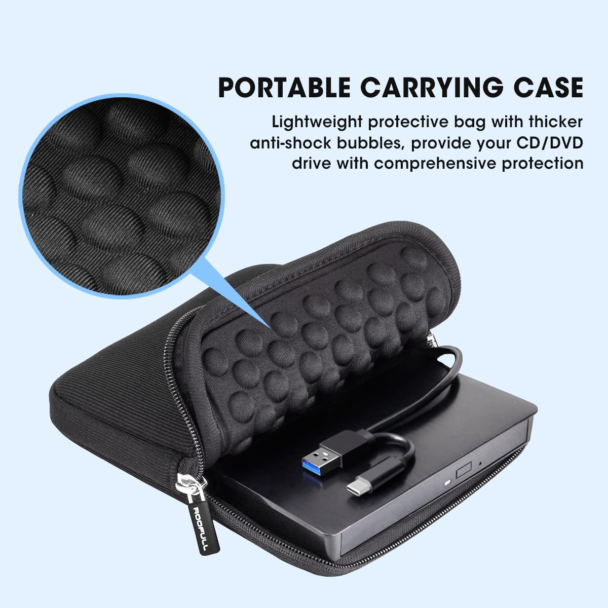 ROOFULL External CD DVD Drive with USB 3.0, Type-C, SD Card Slot, Black, Model B21-Y, Includes Carrying Case for Laptop PC