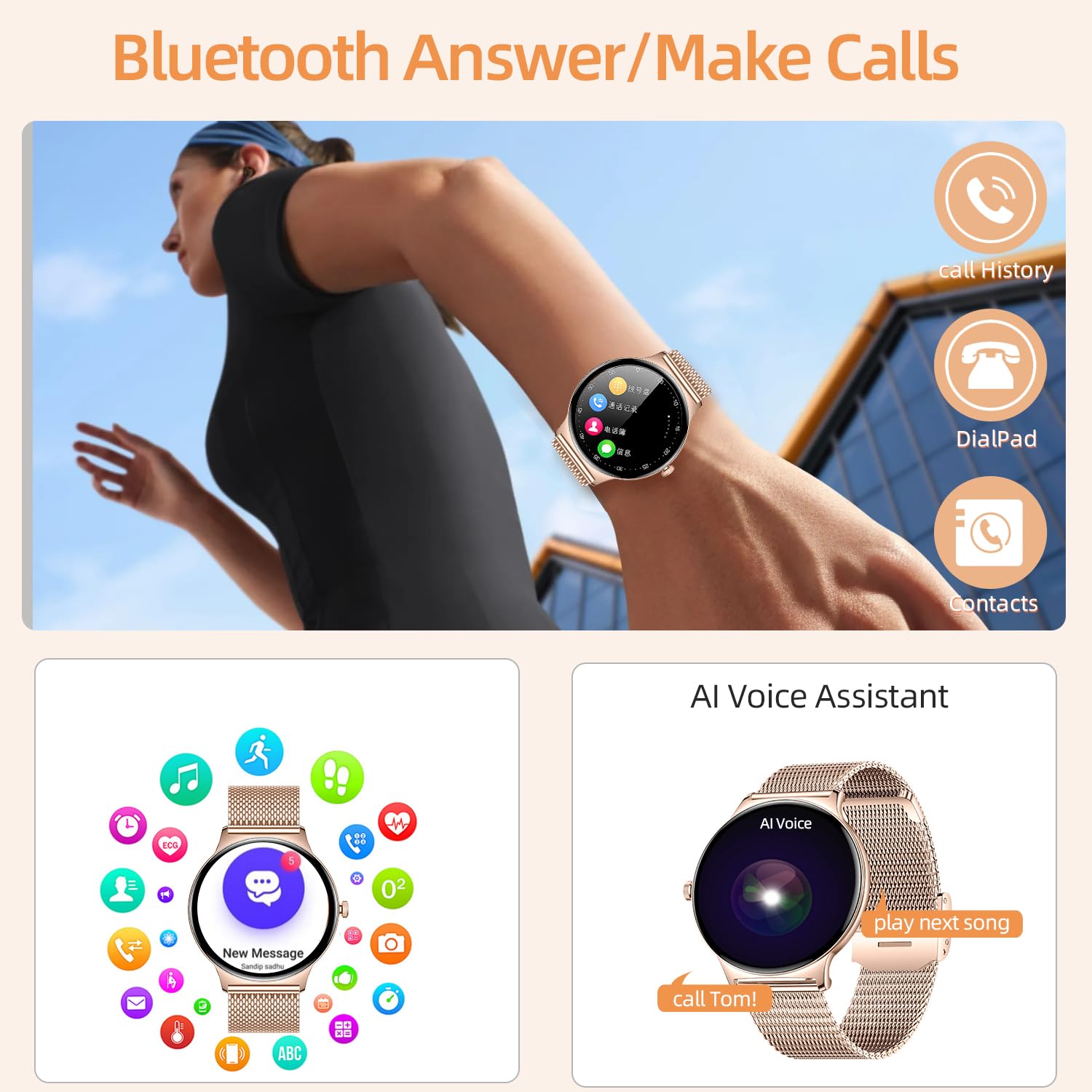 J-Cd Smart Watch For Women, 1.43 Inch Screen, Round Fitness Watches, Support Make&Receive Call/Bluetooth/Sleep Tracker, Ip68 Wat