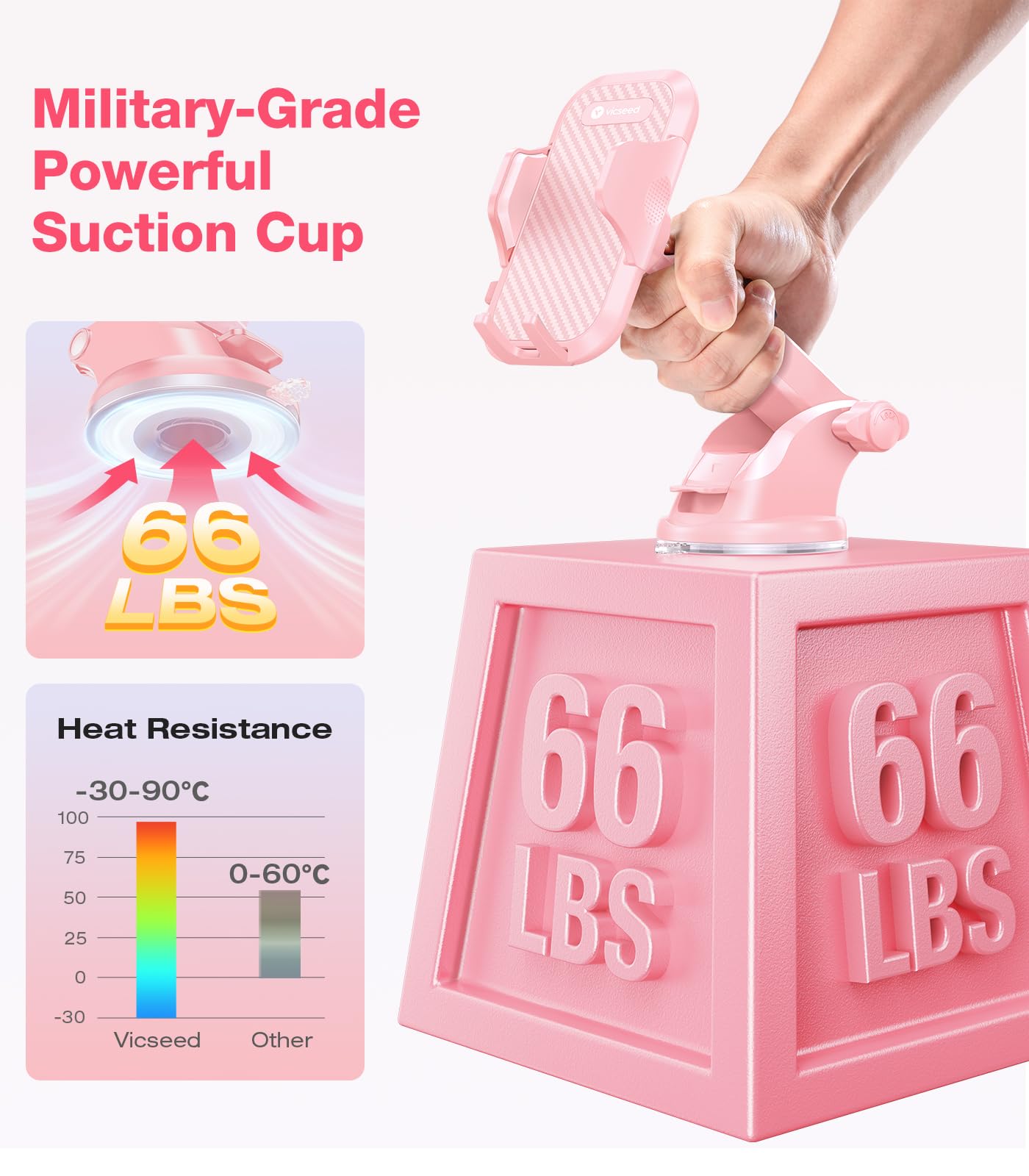 VICSEED Pink Phone Holder for Car - Sturdy Dashboard Windshield Mount with Powerful Suction for iPhone & Android, Hands-Free Accessory