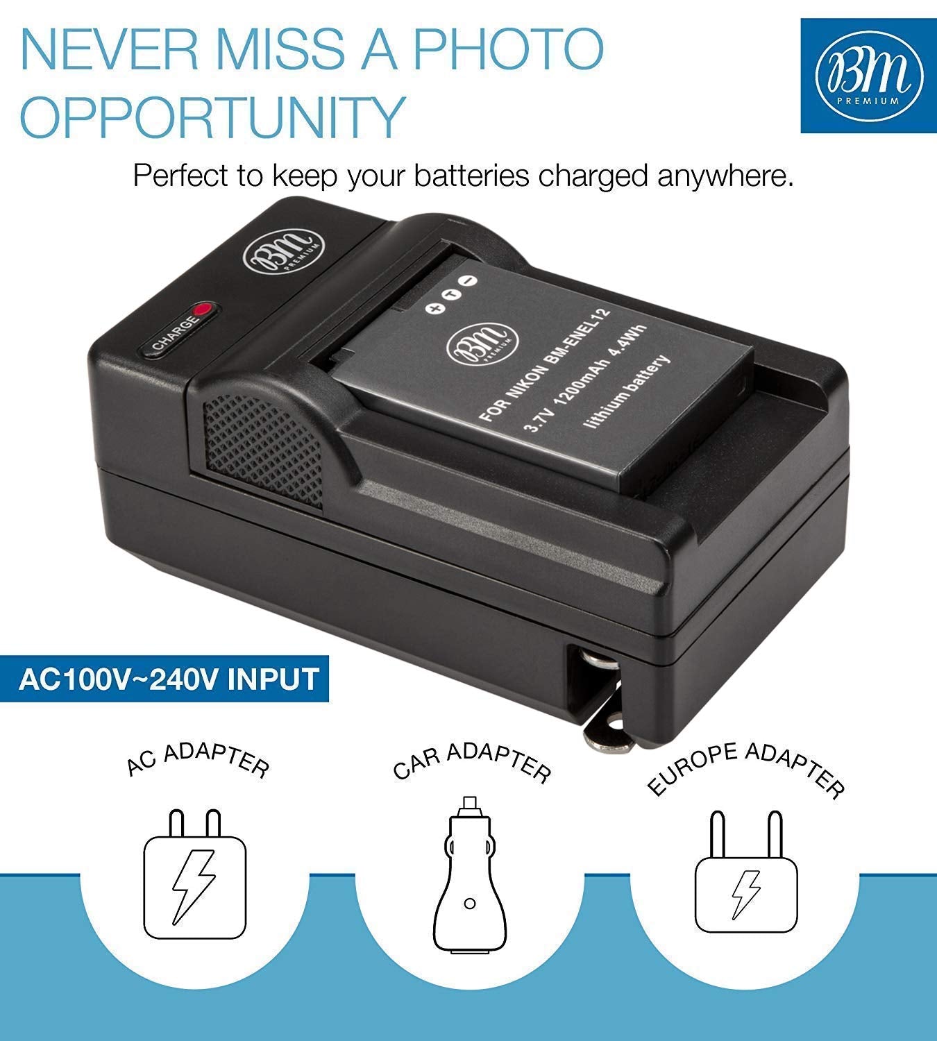 BM Premium EN EL12 Battery and Charger for Nikon Coolpix A1000 B600 W300 A900 AW100 AW110 AW120 AW130 S6300 S8100 S8200 S9050 S9200 S9300 S9400 S9500 S9700 S9900 P310 P330 P340 KeyMission 170, 360