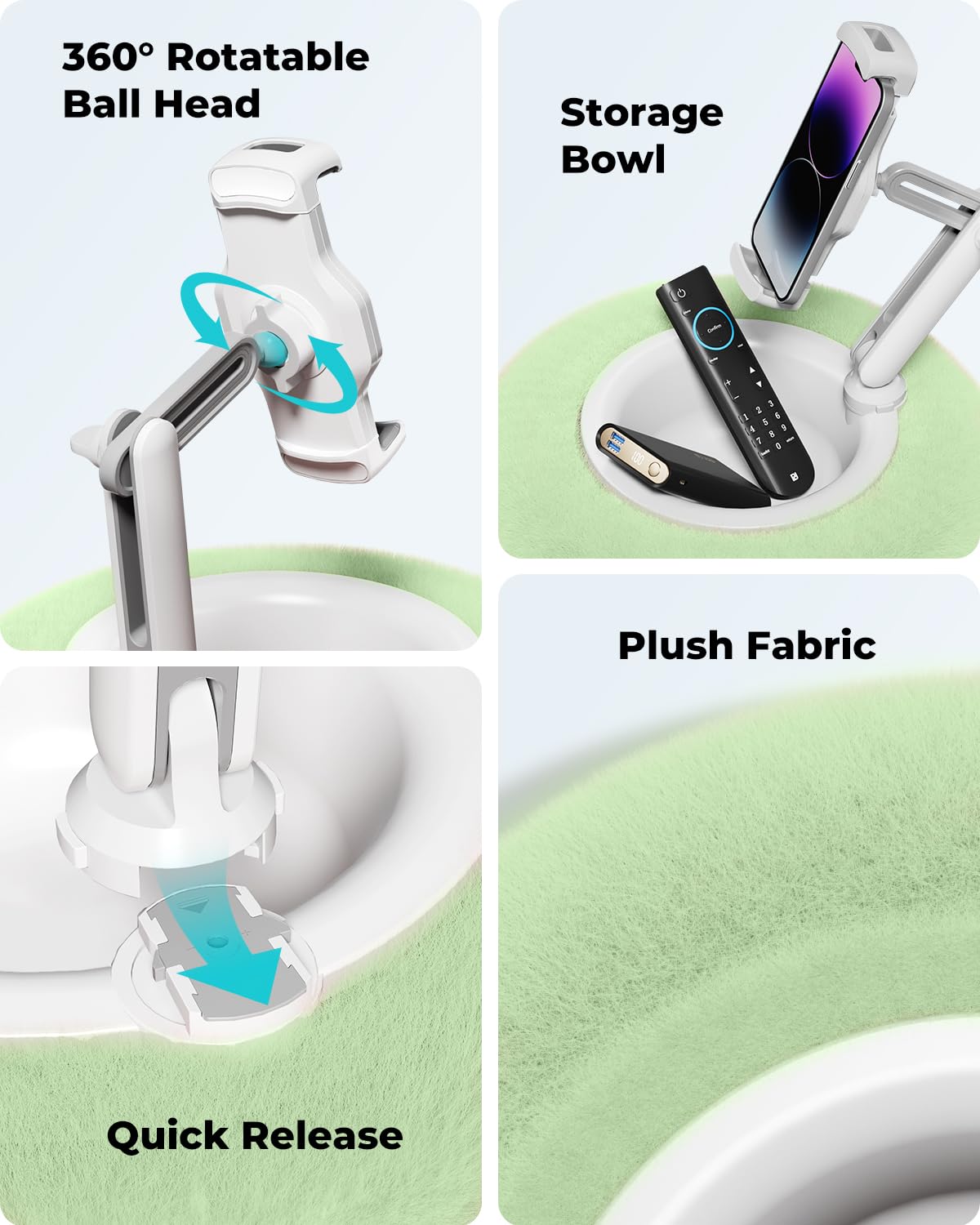 Viozon Tablet Stand Pillow, Compatible with 4.7' 13' Phone/Tablet, iPad, iPhone, Samsung, Google, Kindle, 360�Adjustable Phone Holder for Bed with Soft Plush Fabric, and Detachable Bowl, Green