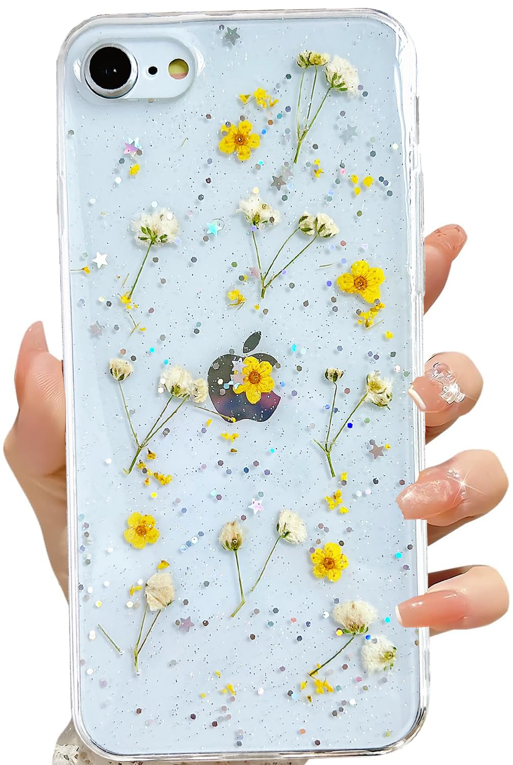 Lseeka For Iphone Se 2022/ Se 2020/8/7 Clear Case With Pressed Real Flowers Design,Glitter Cute Yellow Floral Pattern Slim Soft