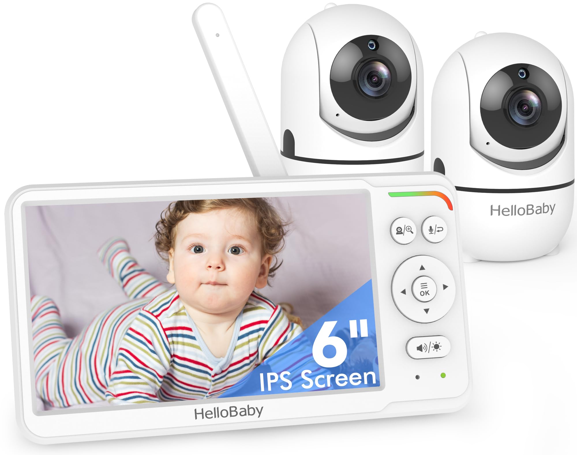 Hellobaby Baby Monitor With 2 Cameras And Audio, 6'' World First Ips Split Screen Baby Camera Monitor No Wifi, 30 Hrs Battery, E