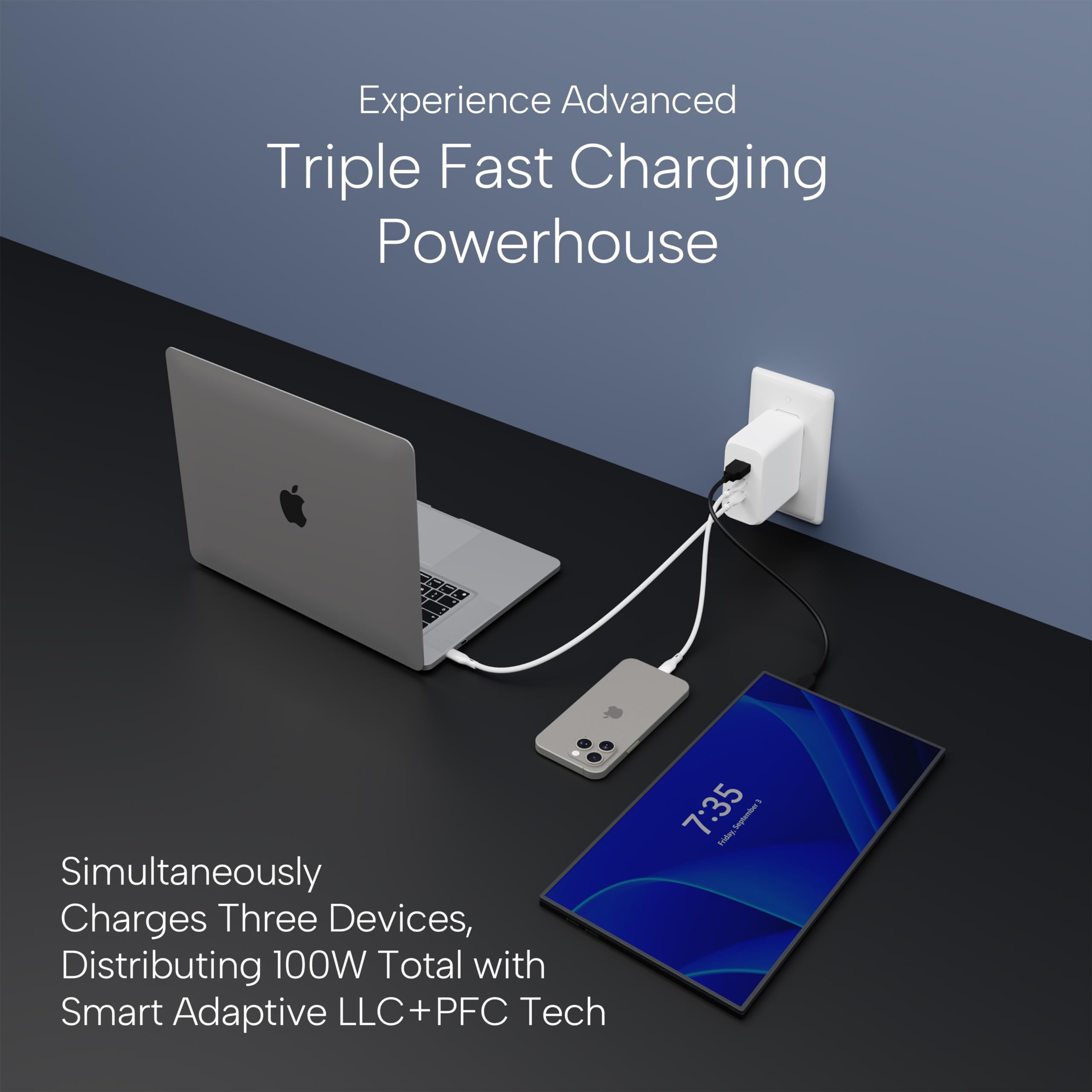 Tekturn 100W Smart Gan Pd Charger, 6.6Ft/2M 100W E Mark Cable, 3 Ports (2 Usb C, 1 Usb A), Compatible With Macbook Pro, Pixelboo