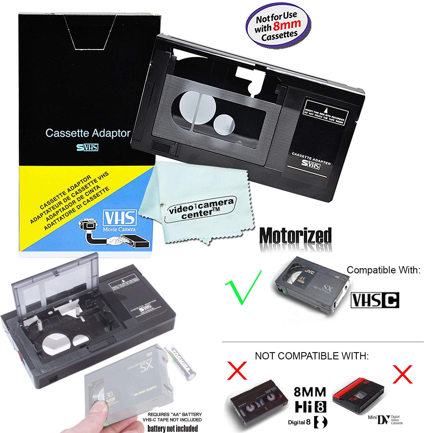 Motorized Vhs C Cassette Adapter For Jvc C P7U Cp6Bku C P6U,Panasonic Pv P1,Rca Vca115 + 1 Mns Micro Fiber Cloth