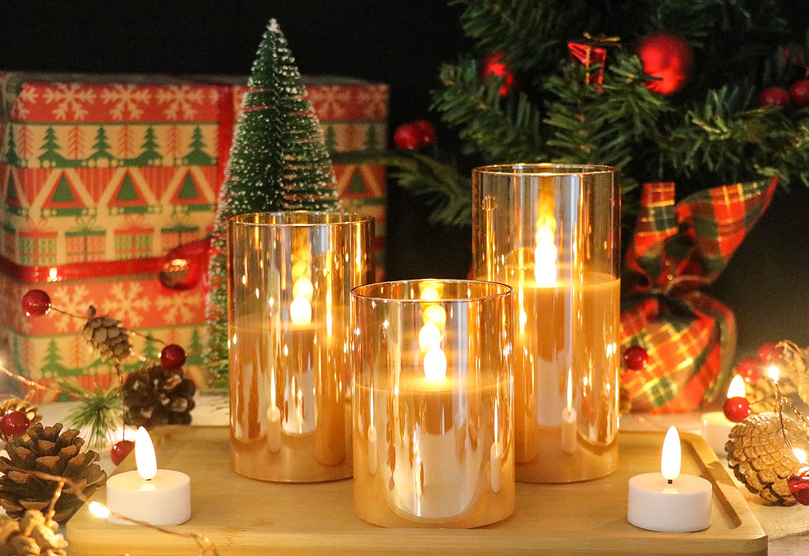 Genswin Gold Glass Battery Operated Flameless Led Candles With 10 Key Remote And Timer, Real Wax Candles Warm White Flickering L